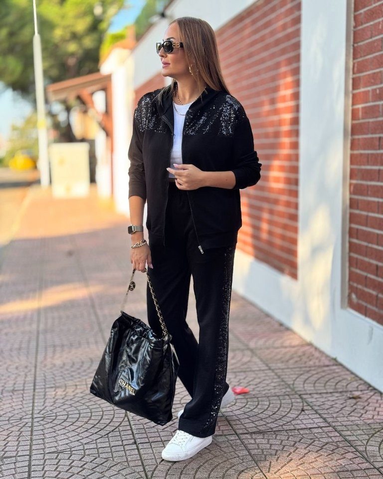 Moda Yakamoz Hosenanzug Damen Zweifadenstoff-Set mit Reißverschluss und Knopfdetail