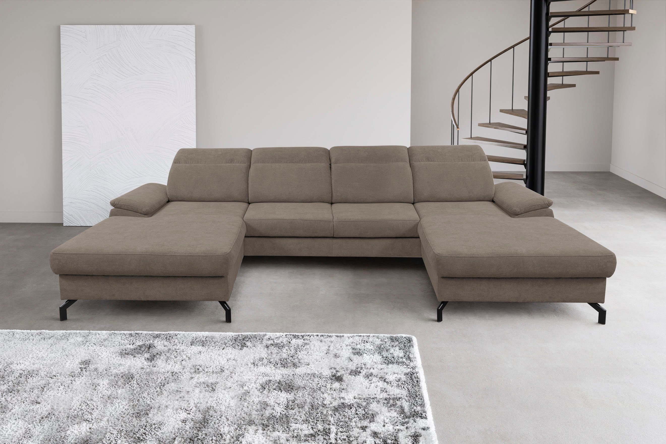 WERK2 Wohnlandschaft Slavio, Modernes U-Sofa mit Schlaffunktion, Bettkasten, Kopfteile verstellbar Beige | Beige | Beige