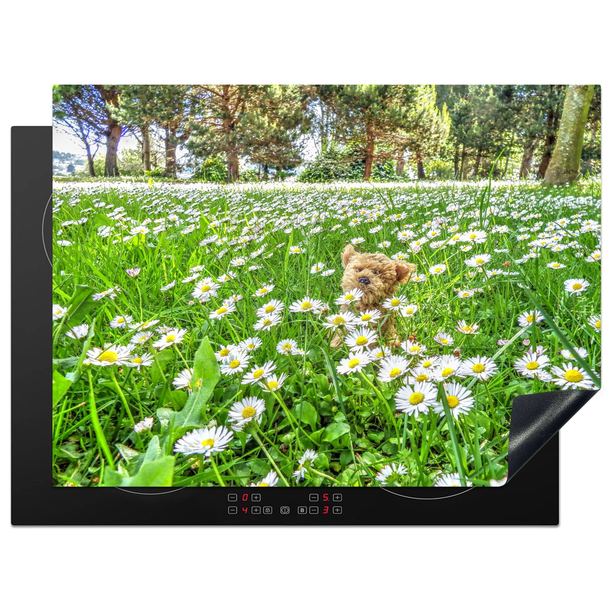 MuchoWow Herdblende-/Abdeckplatte Hund - Braun - Blumen, Vinyl, (1 tlg), 70x52 cm, Mobile Arbeitsfläche nutzbar, Ceranfeldabdeckung