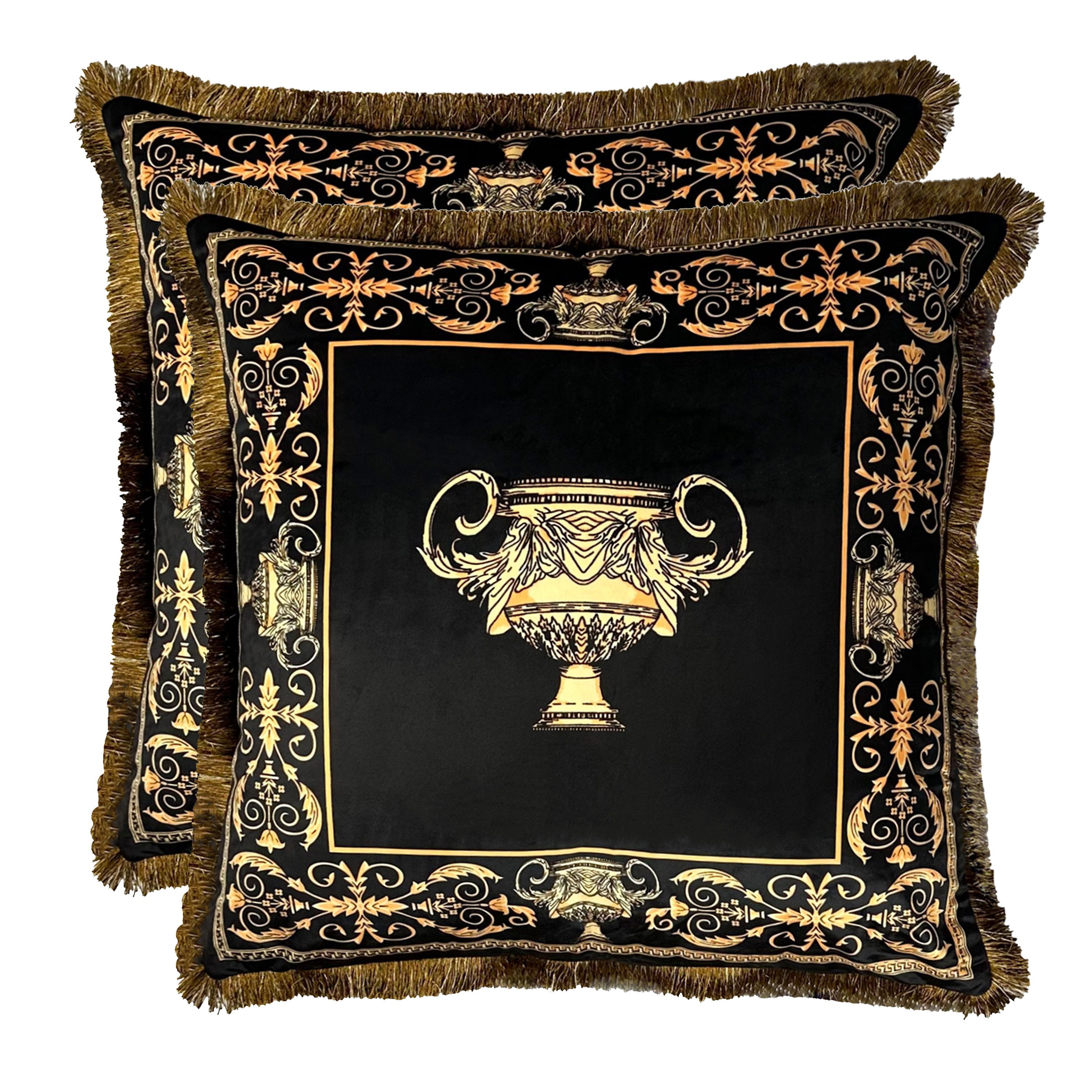 Dekokissen Kissen Zierkissen Sofa Samt 2er Set schwarz gold mit Bezug und Füllung