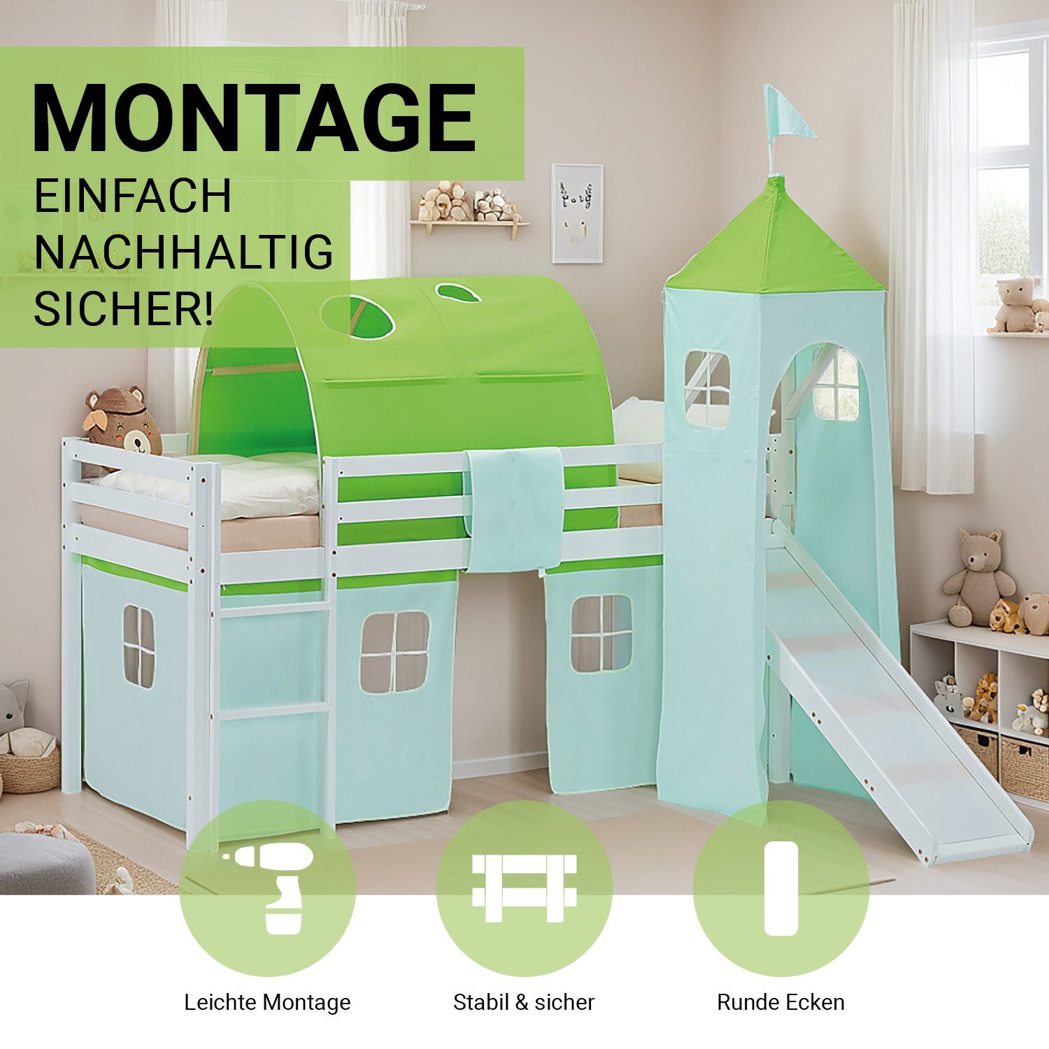 Homestyle4u Hochbett 90x200 Vorhang Stockbett Kinderbett günstig online kaufen