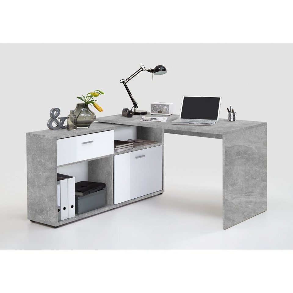 FMD Möbel Schreibtisch Schreibtisch Eckschreibtisch Winkelschreibtisch  Beton grau / Hochglanz weiß DIEGO Light