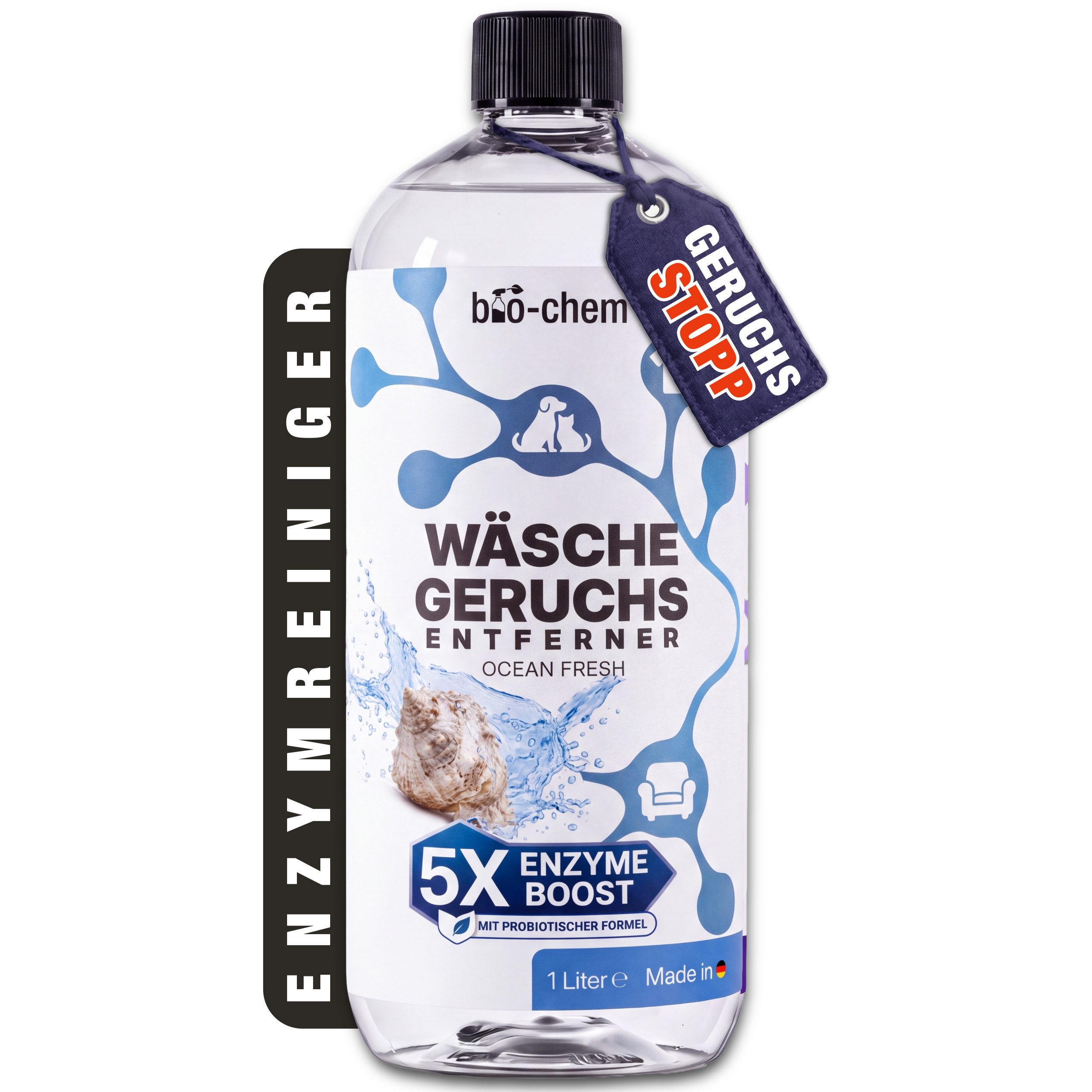bio-chem Wäsche Geruchsentferner Enzym Waschmittel-Zusatz 1 L Ocean Fresh Spezialwaschmittel (1 Liter je Flasche, Bis zu 20 Anwendungen je Flasche Premiumduft Ocean Fresh: Vitalisierend, mit maritimer Klarheit)