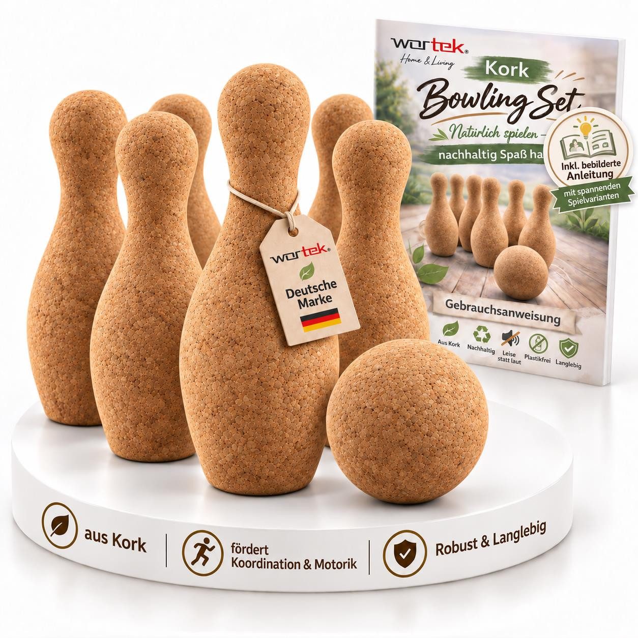 wortek Lernspielzeug Kork Kegelspiel für Kinder Bowling Set, Spielzeug für Kinder, Indoor und Outdoor geeignet