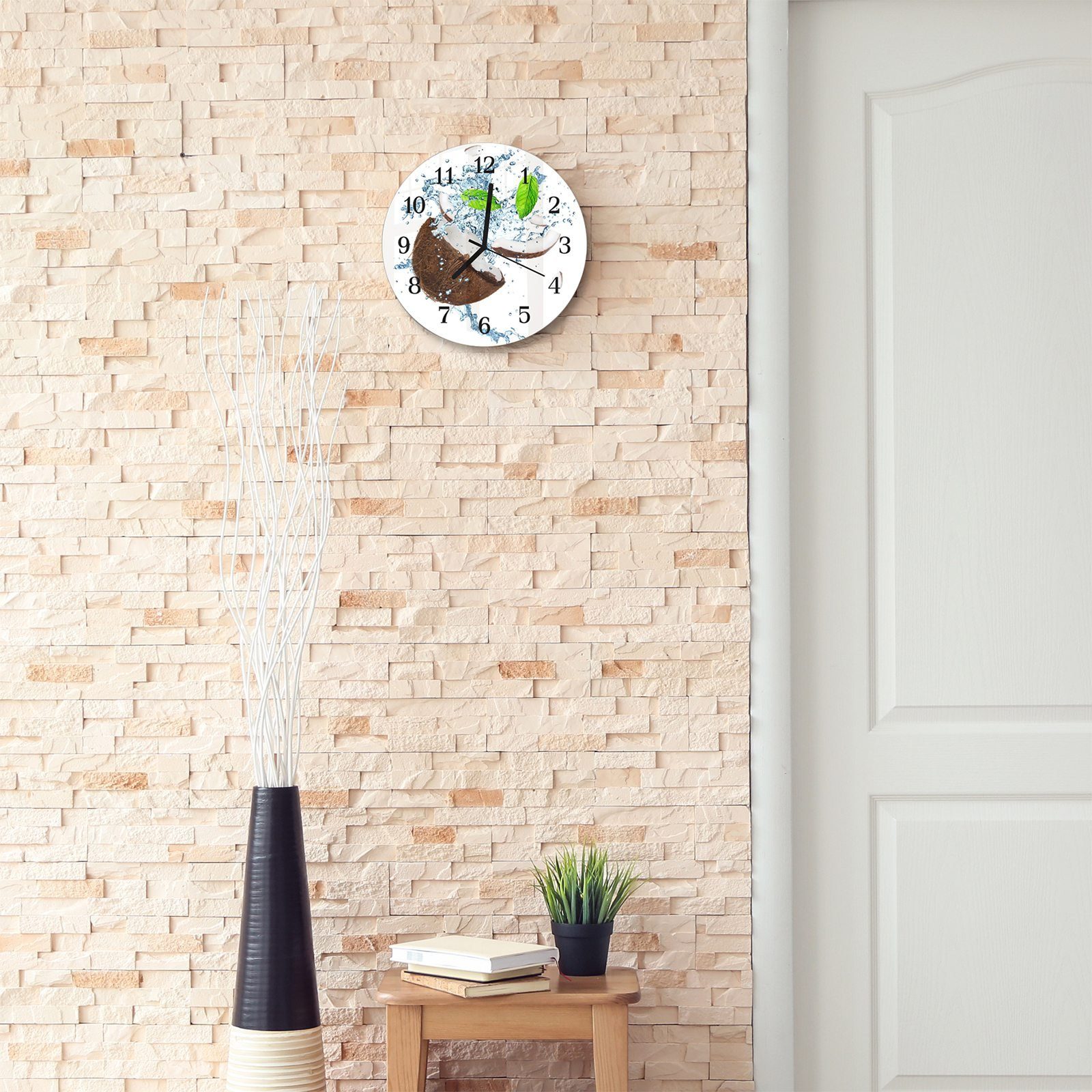 Primedeco Wanduhr Wanduhr aus Glas Kokosnuss Motiv cm mit mit - Spitzende Quarzuhrwerk und 30 Rund Durchmesser