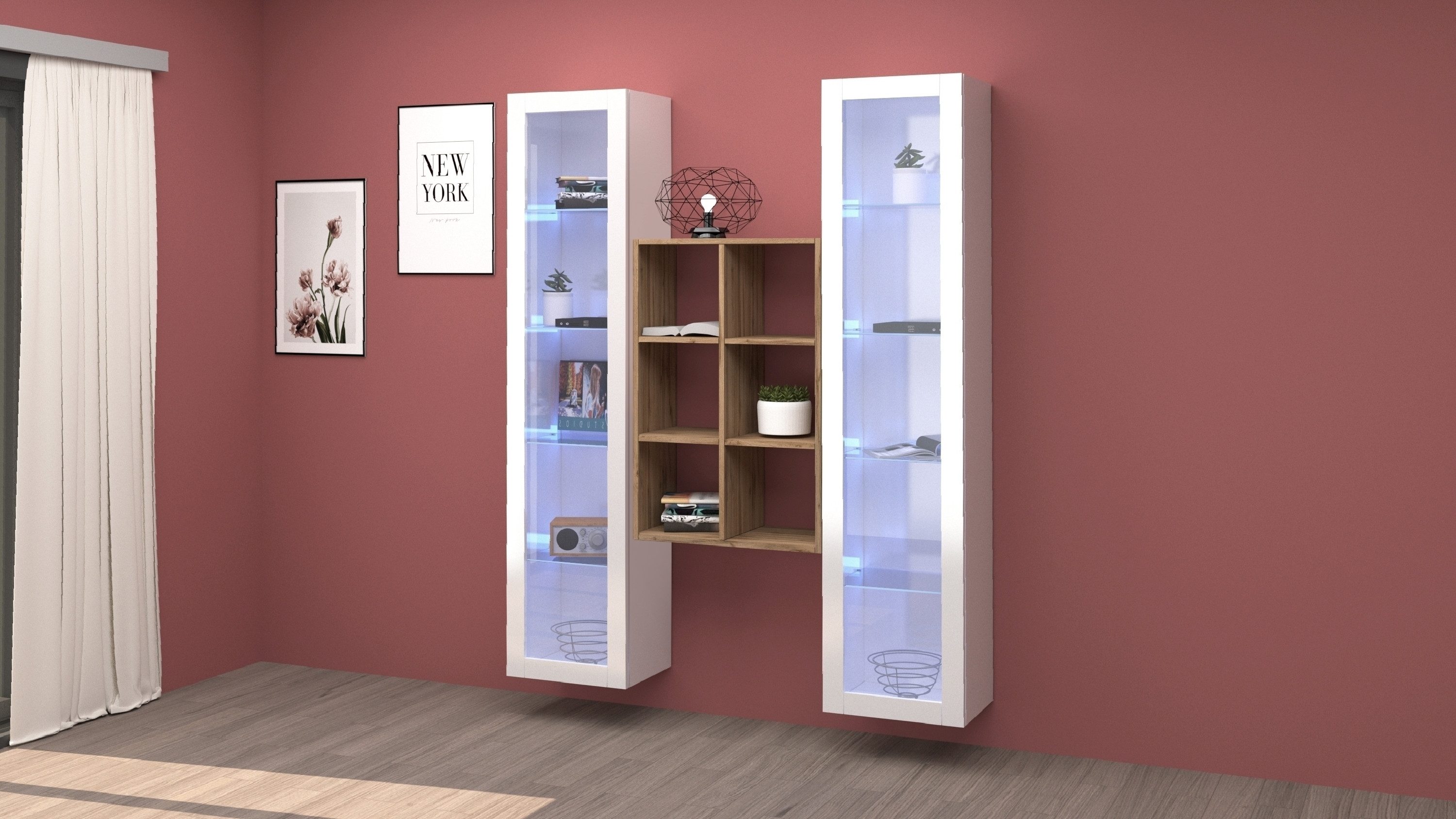 Web Furniture Wohnwand (3-teilig) in Weiß Hochglanz - 140x180x30 (BxHxT), (3-teilig)