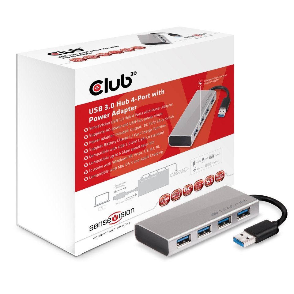 Netzteil USB PC-Lautsprecher CLUB3D Club 3.0 mit Aluminium CSV- 4-Port 3D CLUB3D Gehäuse, Hub