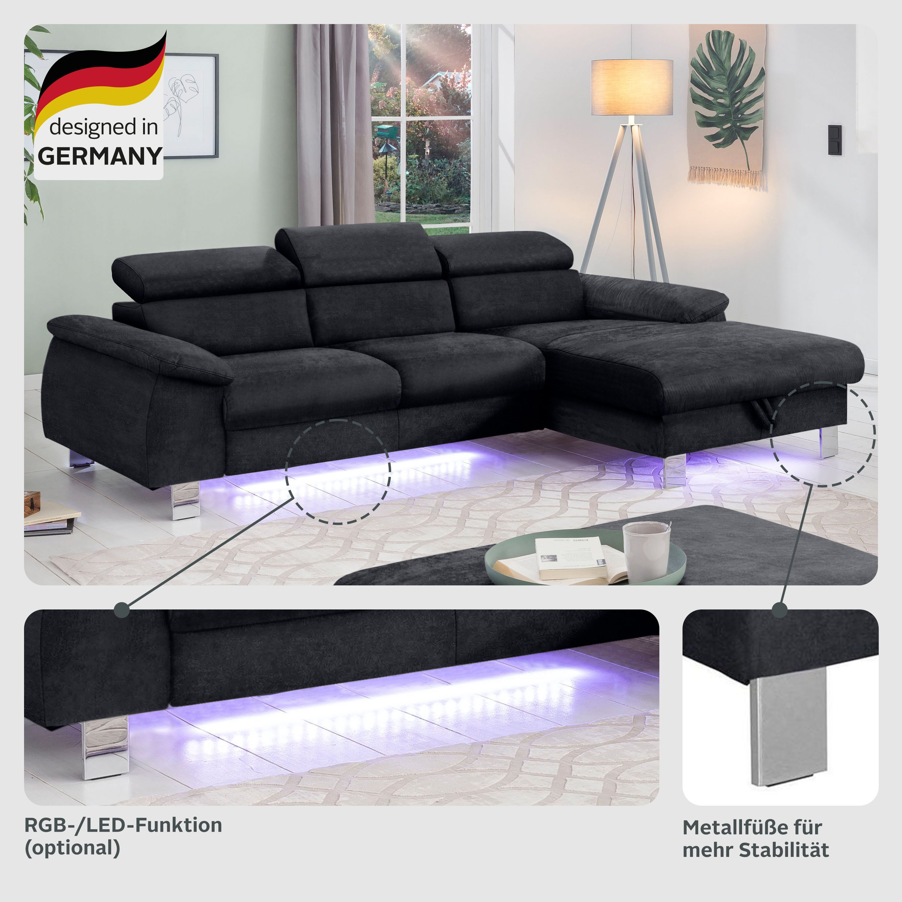 COTTA Ecksofa Komaris L-Form, B: 244 cm, mit Kopfteilverstellung, optional Bettfunktion, Bettkasten & Licht