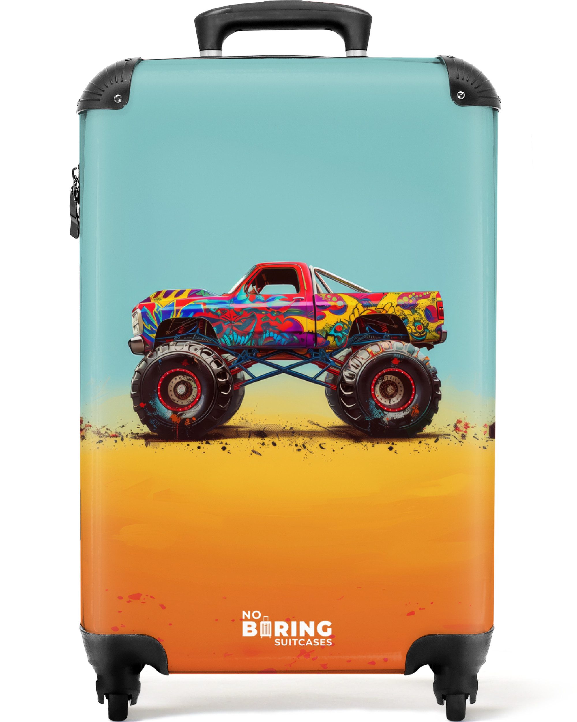 NoBoringSuitcases.com© Kinderkoffer Monstertruck mit Graffitidruck im Sand 55x35x20cm, Kinder Koffer Klein, Trolley Handgepäck, Reisekoffer