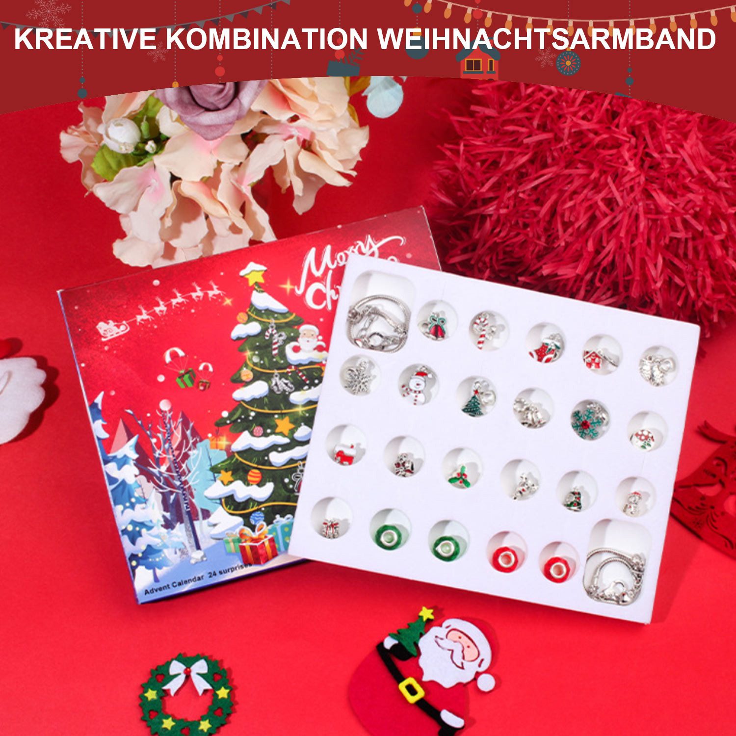 Refttenw Adventskalender Weihnachtskalender Schmuck Mädchen DIY Charm Armband Basteln, mit 22 Perlen und 2 Armbänder
