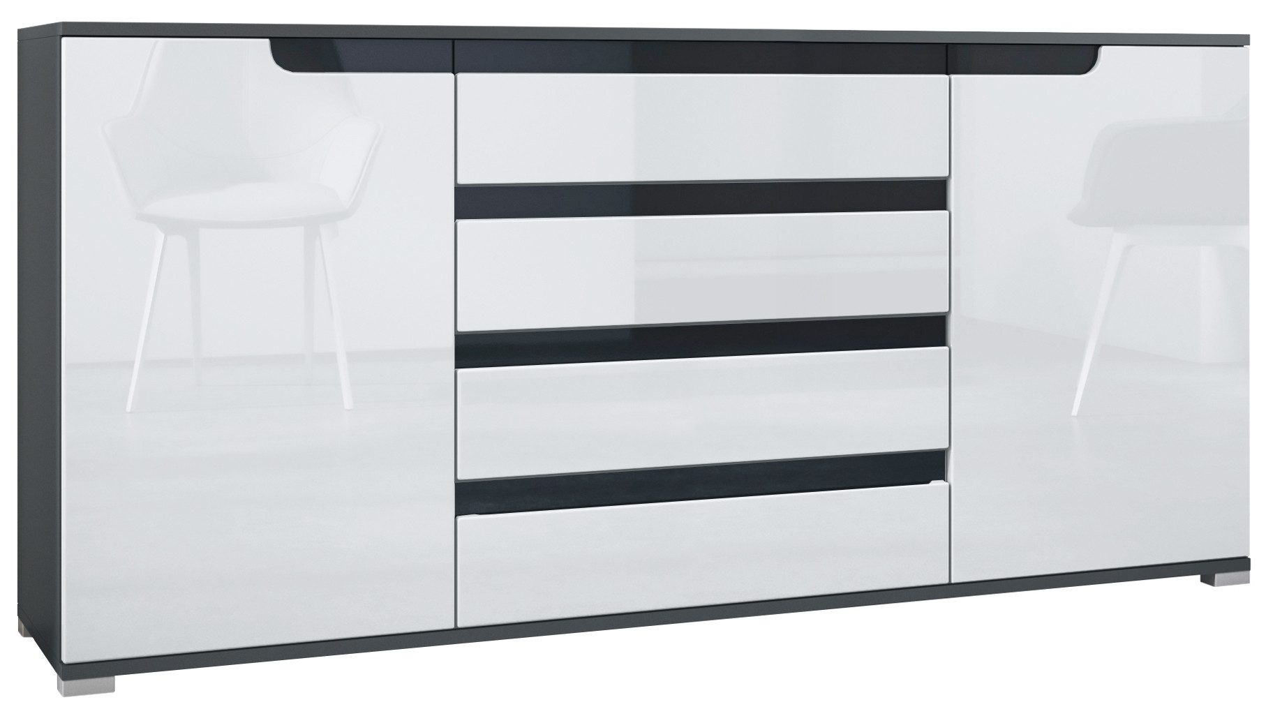 Vladon Sideboard Sylt V2 (Kommode mit 2 Türen und 4 Schubladen, Korpus - Anthrazit matt / Front - Weiß Hochglanz), Absetzung - Schwarz Hochglanz (166,5 x 75,5 x 35 cm)
