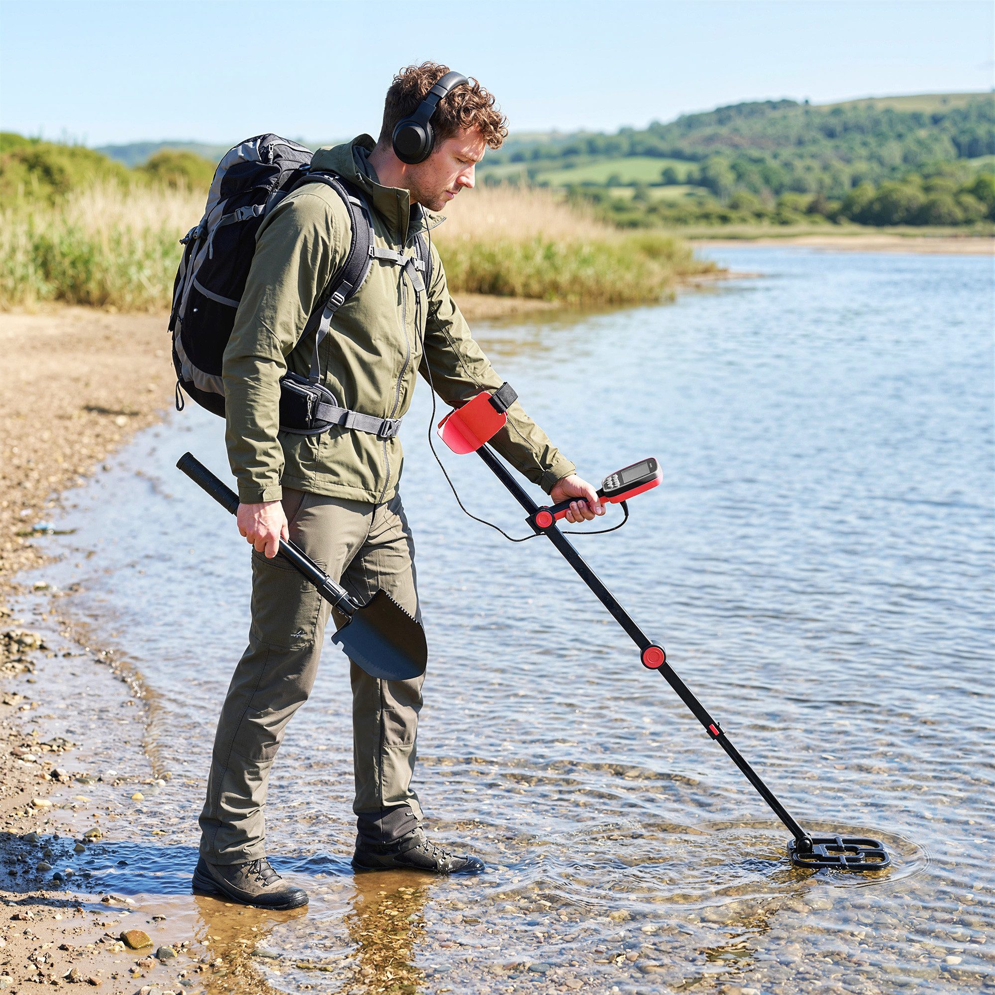 Outsunny Metalldetektor mit 4 Modi, Kopfhörer, Schaufel, Tragetasche, LCD-Display, für Erwachsene Schwarz