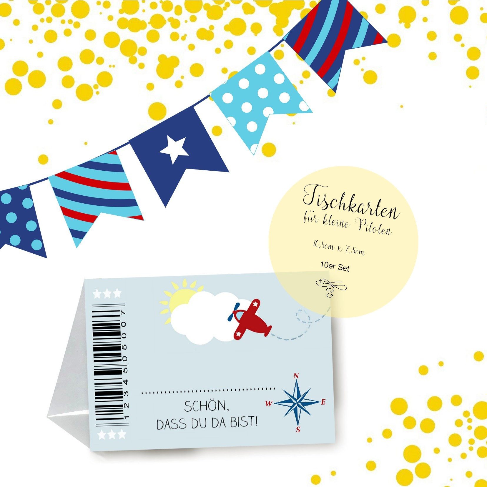 homestyle-accessoires Papierdekoration Kindergeburtstag Party 10erSet PILOT BOARDING Wimpelkette Einladung, Tischkarten Pilotenausweisen Cupcaketopper MIT LIEBE GEFERTIGT