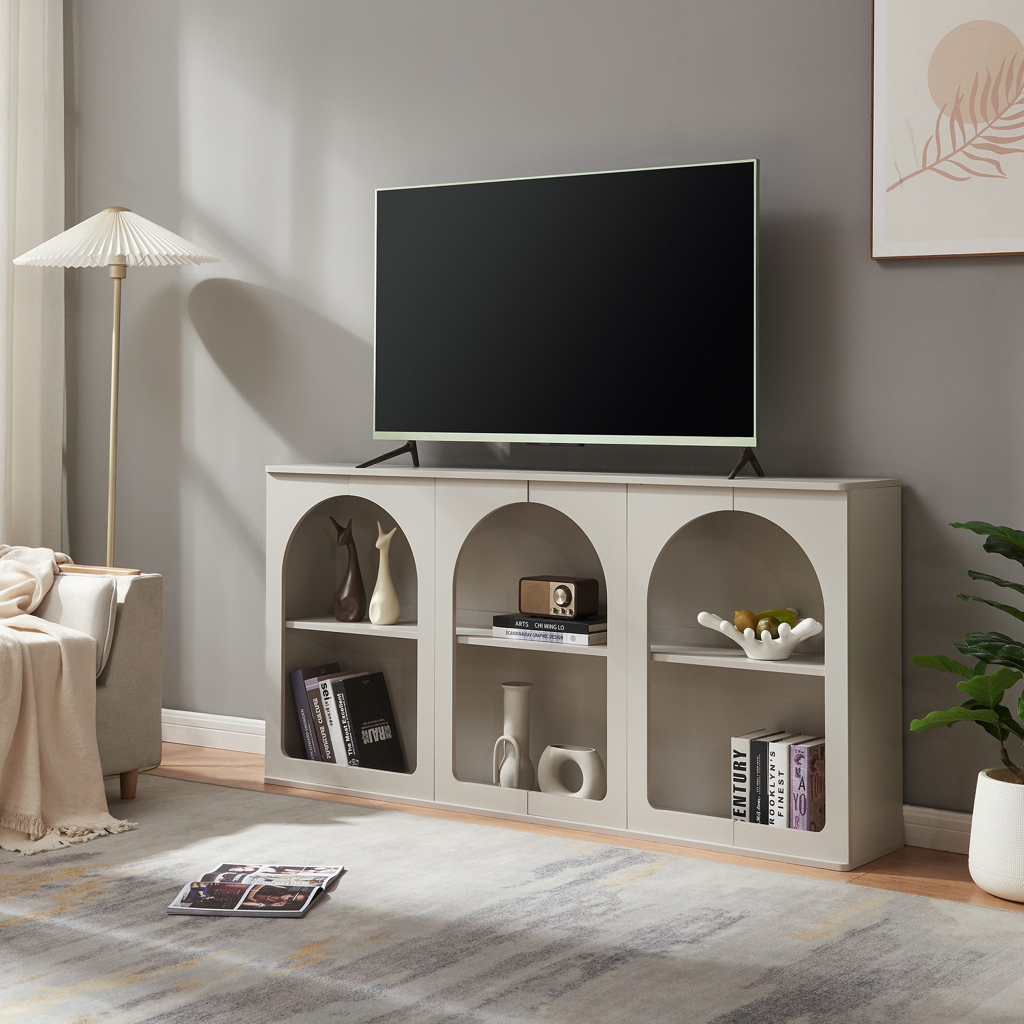 en.casa Sideboard, »Trorhun« mit 6 offenen Fächern 160 x 30 x 80 cm Grau günstig online kaufen