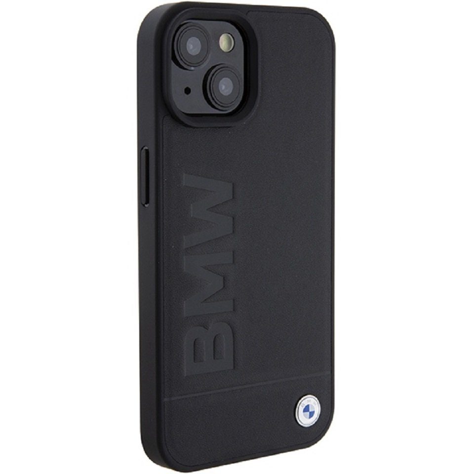 BMW Handyhülle Case iPhone 15 Echtleder schwarz Logo Metall 6,1 Zoll, Kantenschutz