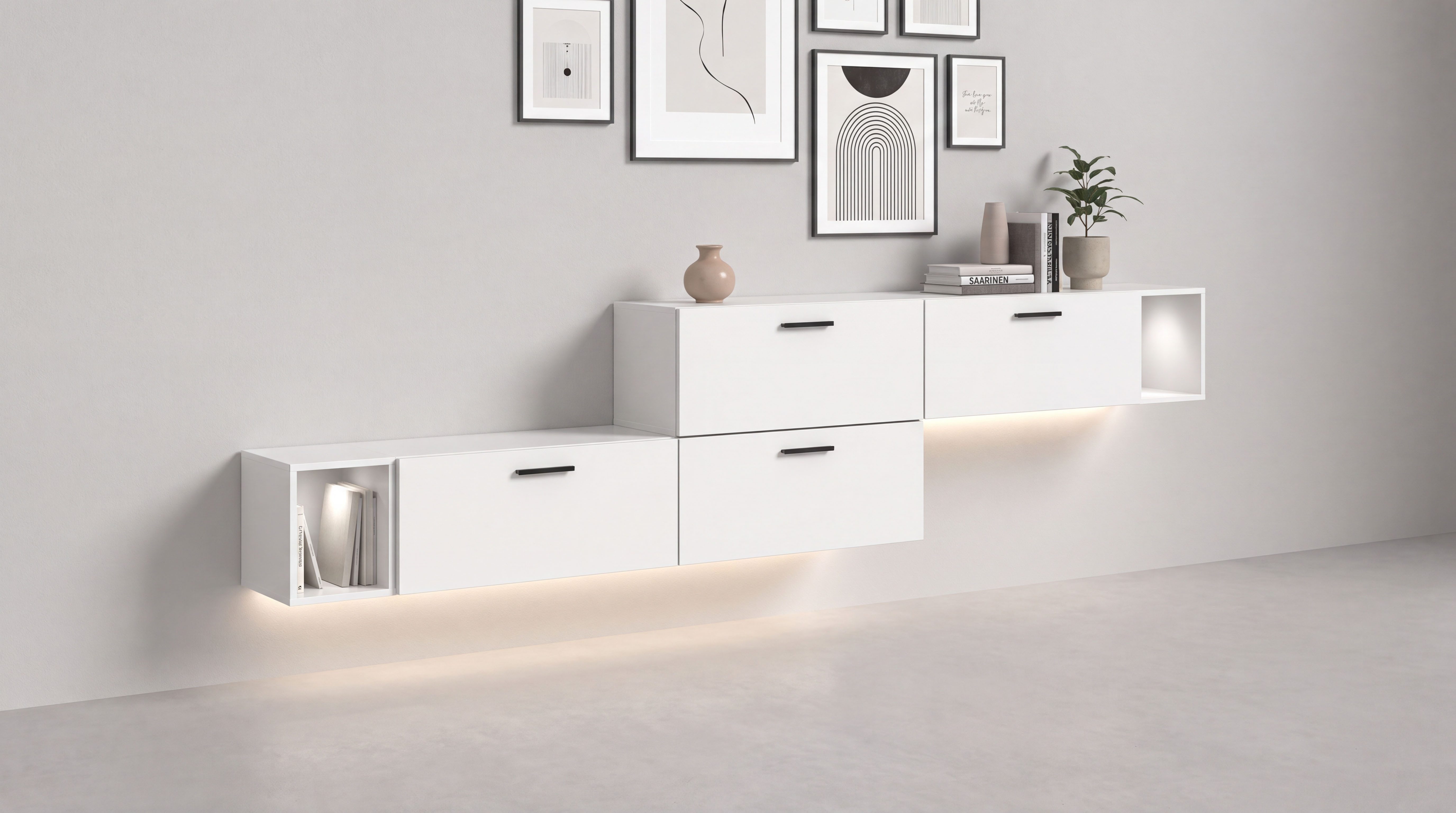 Home affaire Schrank-Set ENESTE, 6-teilig, in verschiedenen Farben, individuell kombinierbar, (2-St., verschiedenste Kombinationmöglichkeiten, stehend oder hängend), inkl. Beleuchtung, Stauraumelement, Kombination, Schrankwand, Lowboard