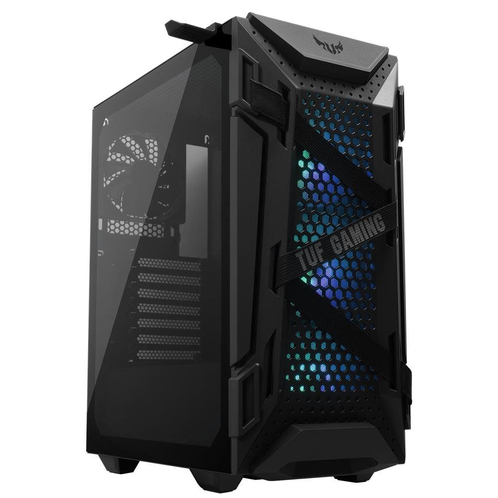 Asus PC-Gehäuse TUF Gaming GT301, (Mid-Tower, 1 St., Kompakt Gaming Gehäuse mit Seitenfenster aus gehärtetem Glas), Aura Sync, RGB Beleuchtung, 120 mm Lüfter, Kopfhörerhalterung, Schwarz