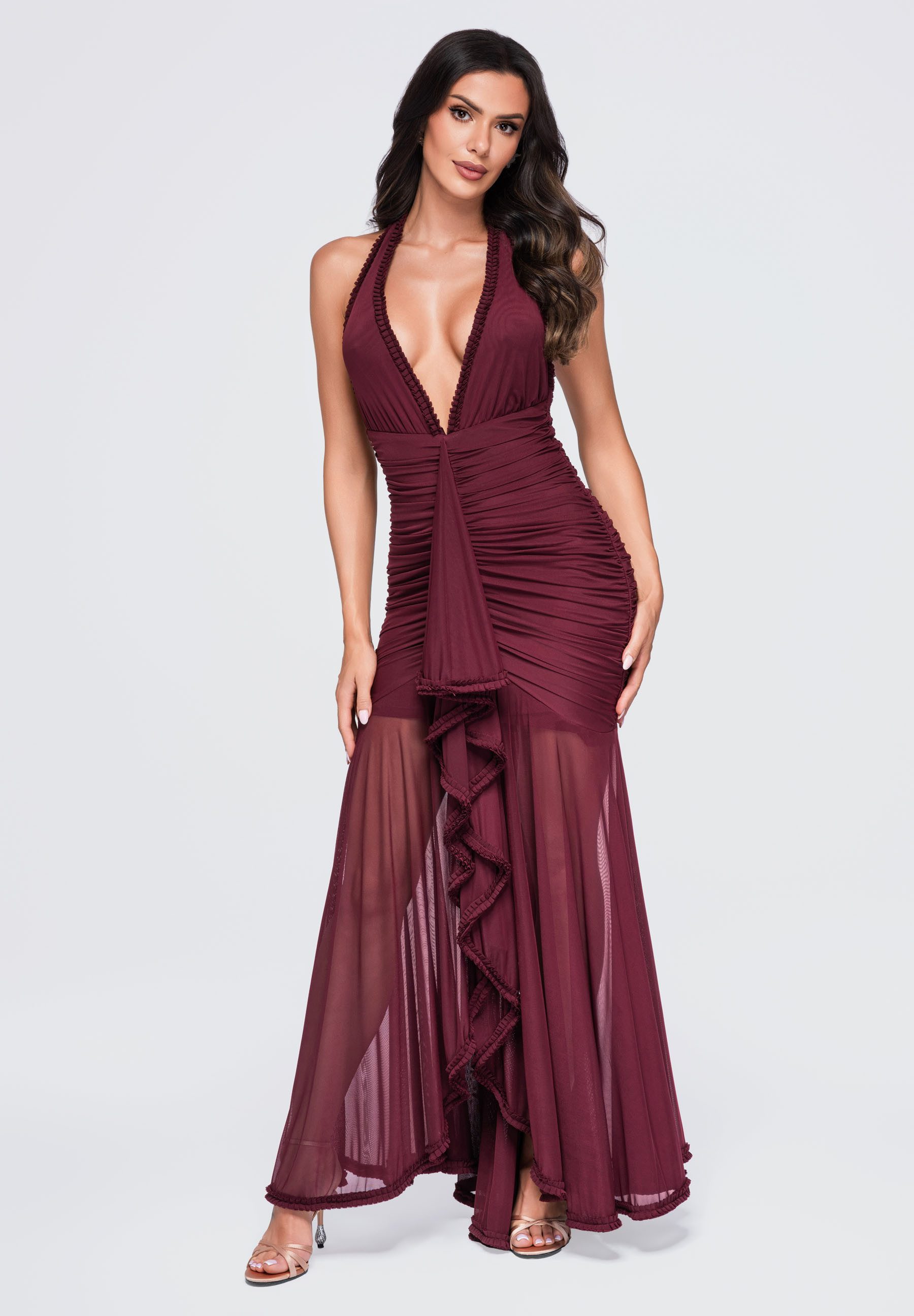 OMBRE Abendkleid Damen Abendkleid mit tiefem V-Ausschnitt Bordeaux M (kein Set, 1-tlg) in Unifarbe – Bild 5 von 5