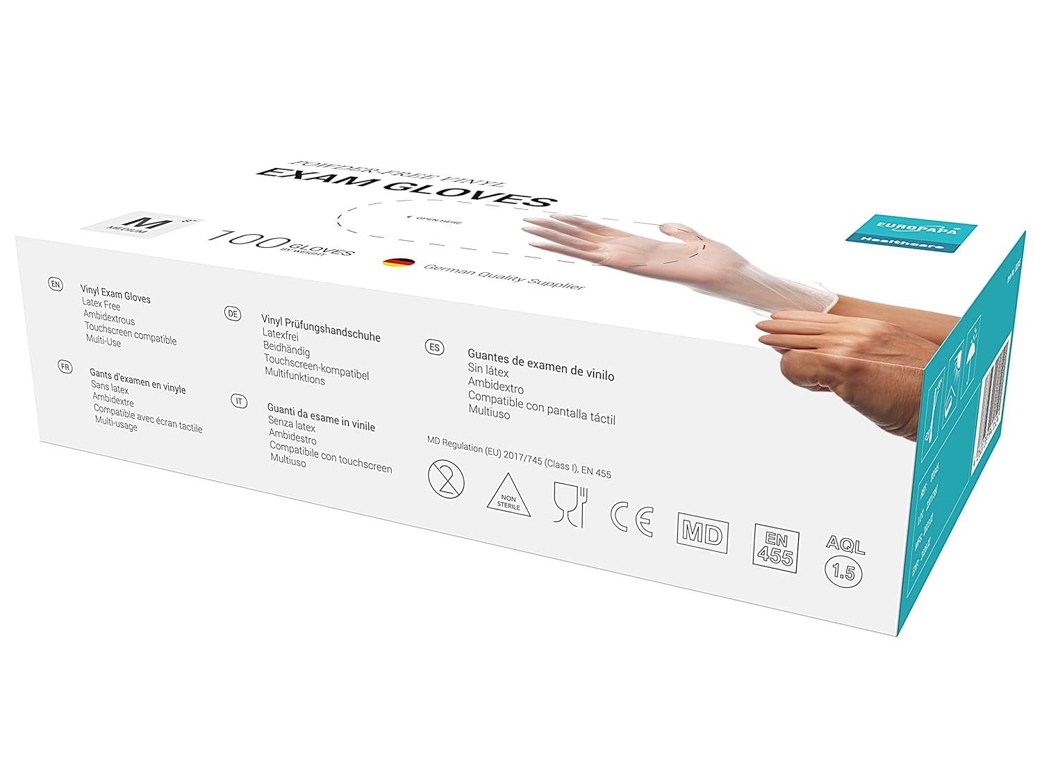 EUROPAPA Einweghandschuhe 100x Vinylhandschuhe Einweghandschuhe (Untersuchungshandschuhe Einmalhandschuhe) latexfrei puderfrei Vinyl Handschuhe