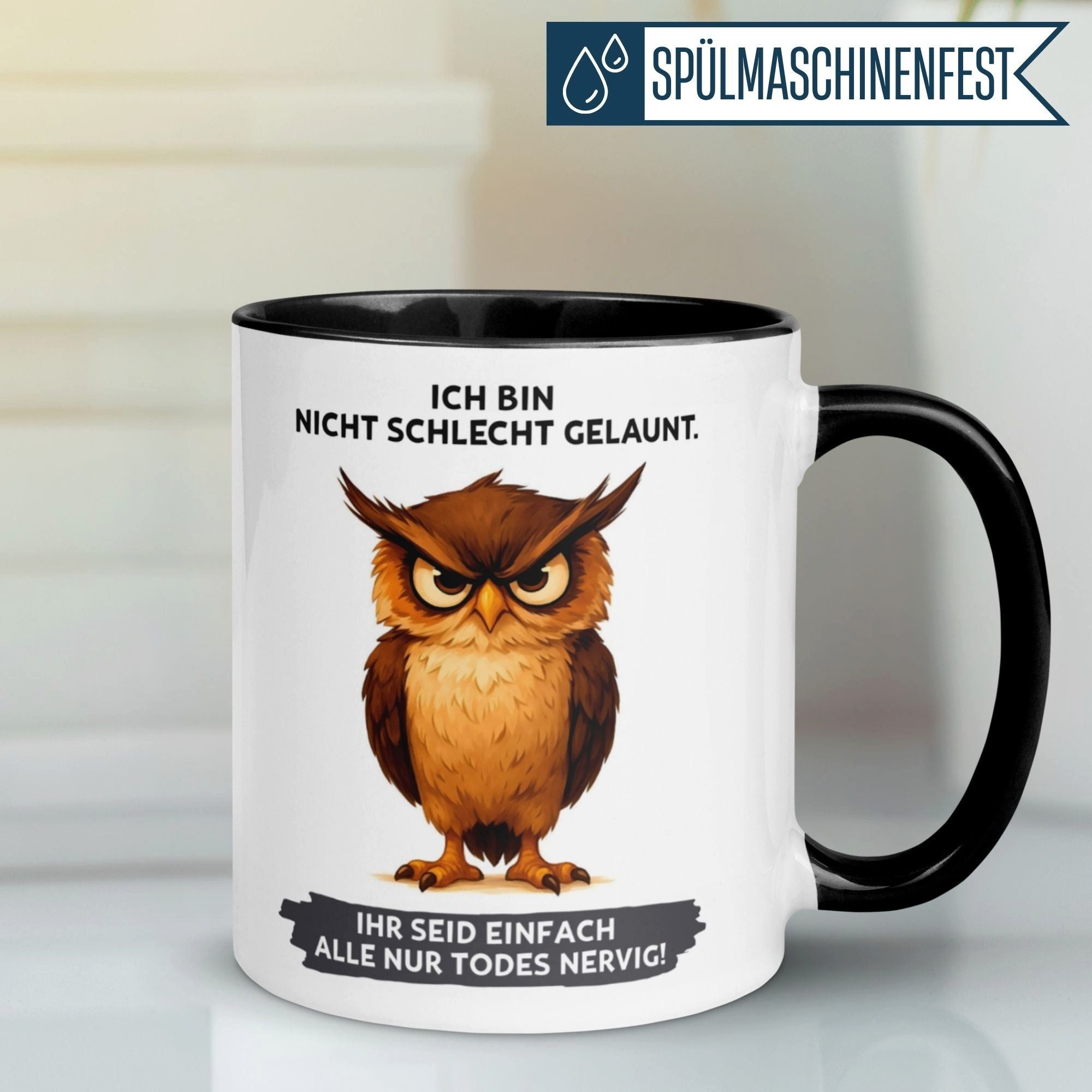 Momentals Tasse Eule – „Ich bin nicht schlecht gelaunt“ – Eulen Geschenk Morgenmuffel, Gratis Versand · Links-&Rechtshänder · Spülmaschinenfest