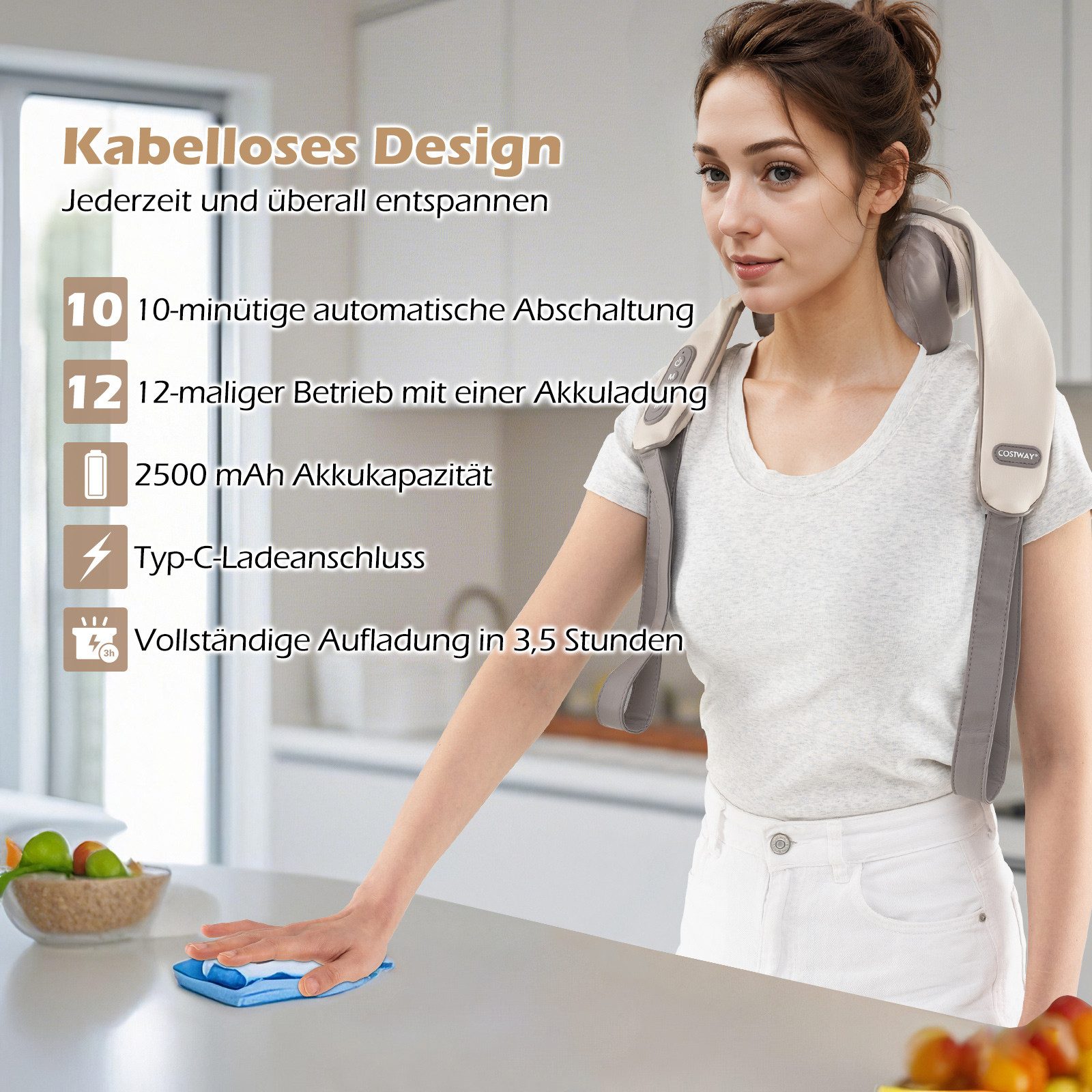 COSTWAY Nacken-Massagegerät, 4D Shiatsu mit Tiefengewebekneten & 2 Heizstufen