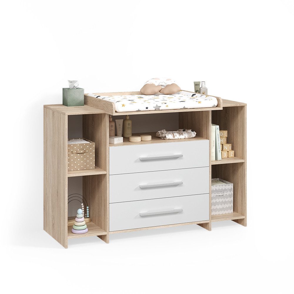 Livinity® Wickelkommode Torino, Weiß/Sonoma/Sonoma, XL mit Schubladen