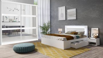 Möbel für Dich Komplettschlafzimmer Fino weiß, (5-teilig), Bett mit Schubladen, Schiebetürenschrank mit Spiegel, Kommode