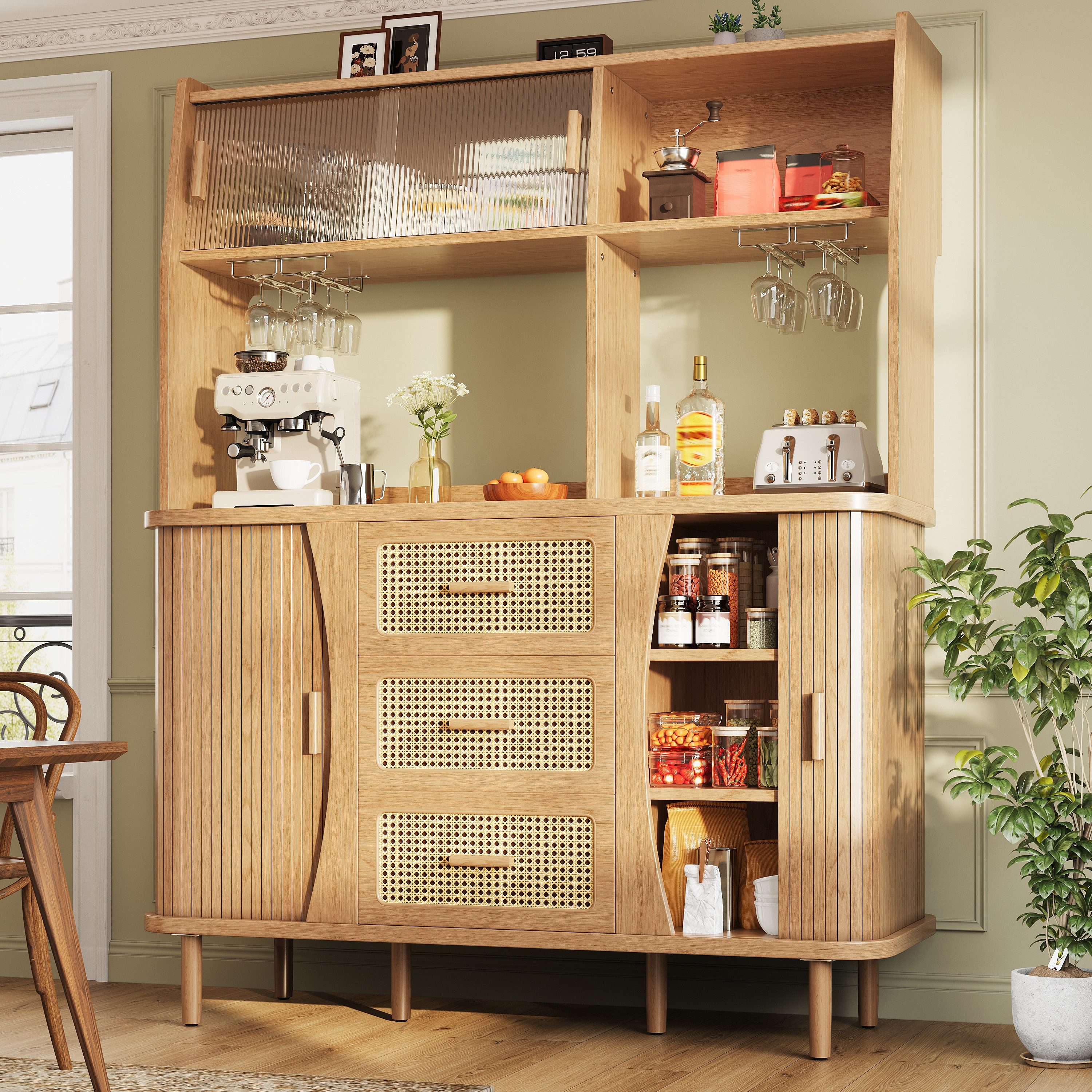 Küchenbuffet Buffetschrank mit Glas-Schiebetüren, Glashalter und Rattanoptik