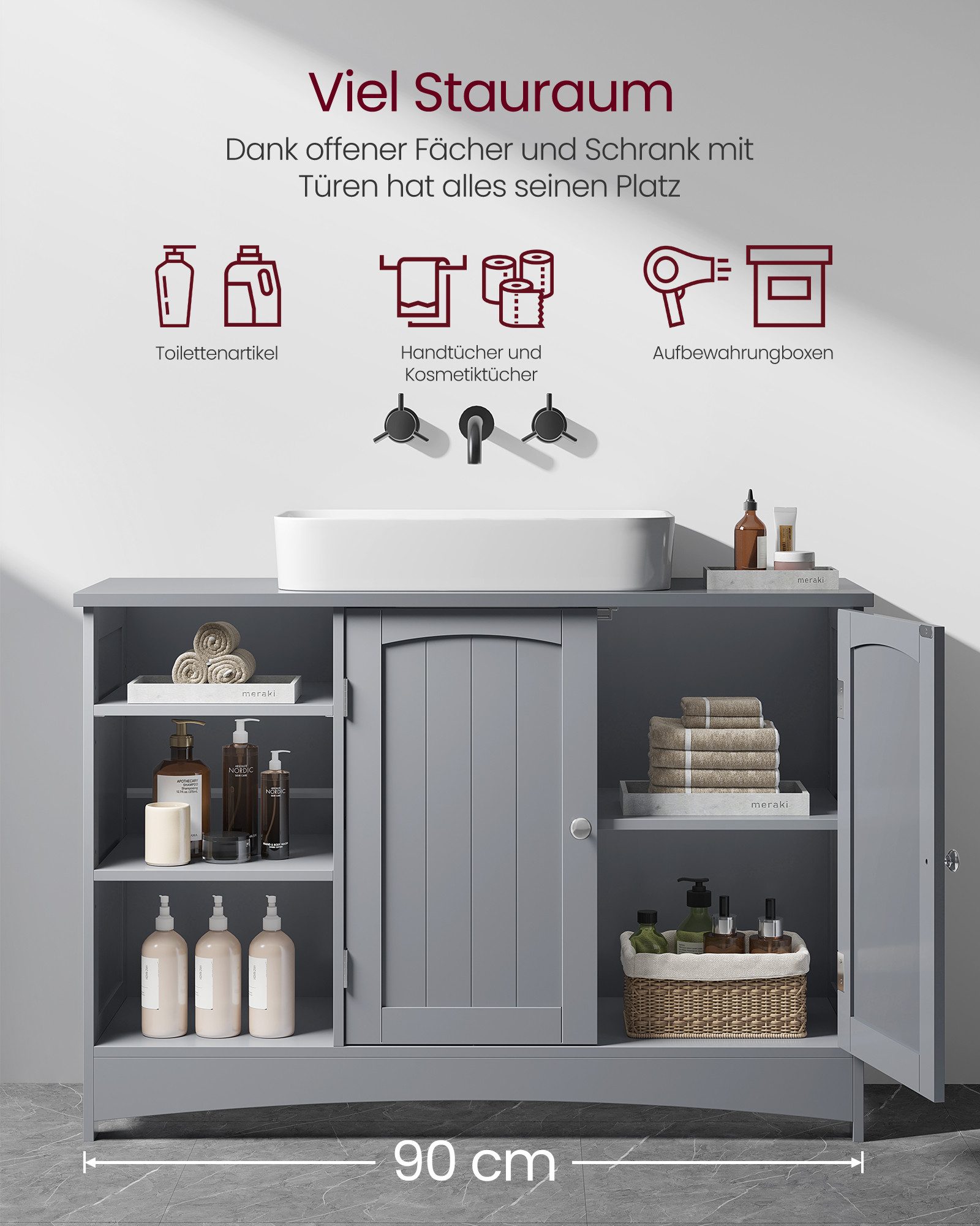 VASAGLE Waschbeckenunterschrank Badezimmerschrank extra lang, Breite 90cm, offene Fächer, höhenverstellbare Ablagen