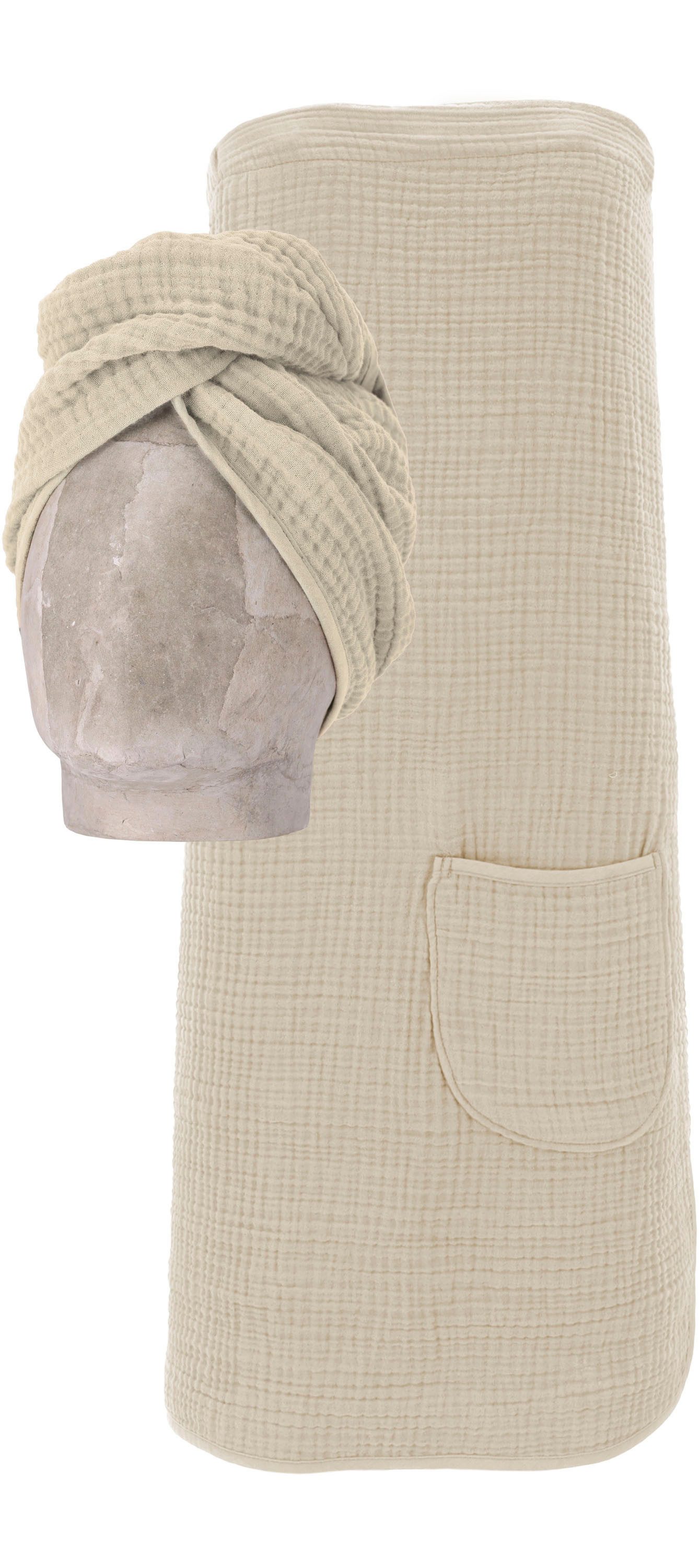 Vossen Kilt Wellness Set, ideal für Sauna & Spa, Hotelbademantel, Morgenmantel, Baumwoll-Mix, Musselin, 1 Spa Dress +1 Turban in einem Set inkl. Geschenkverpackung