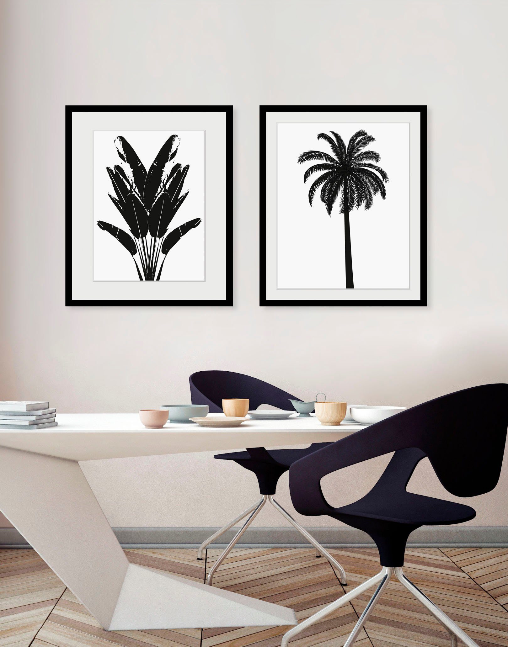 queence Bild Palma, Blätter, Kunst, Pflanzen, Pflanzenbilder, Schwarz-Weiß (1 St), HD Premium Poster-Druck inkl. Holzrahmen