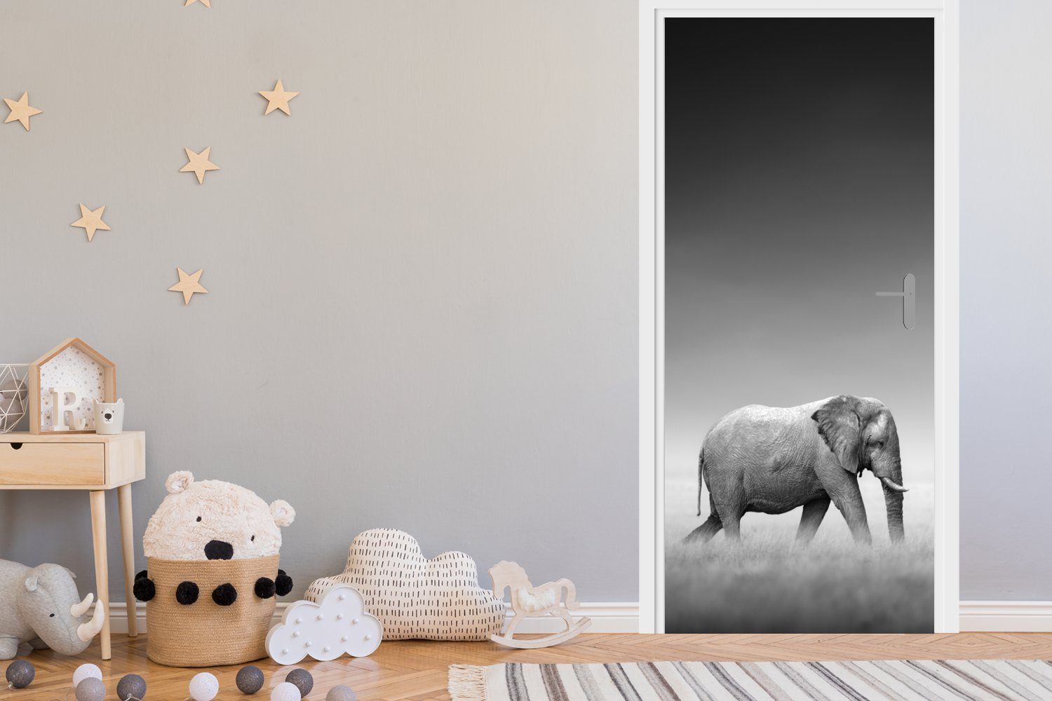 Tiere Tür, für - - MuchoWow Fototapete - (1 - Türaufkleber, Elefant Schwarz bedruckt, weiß Türtapete Landschaft Matt, Zebra, 75x205 St), und cm