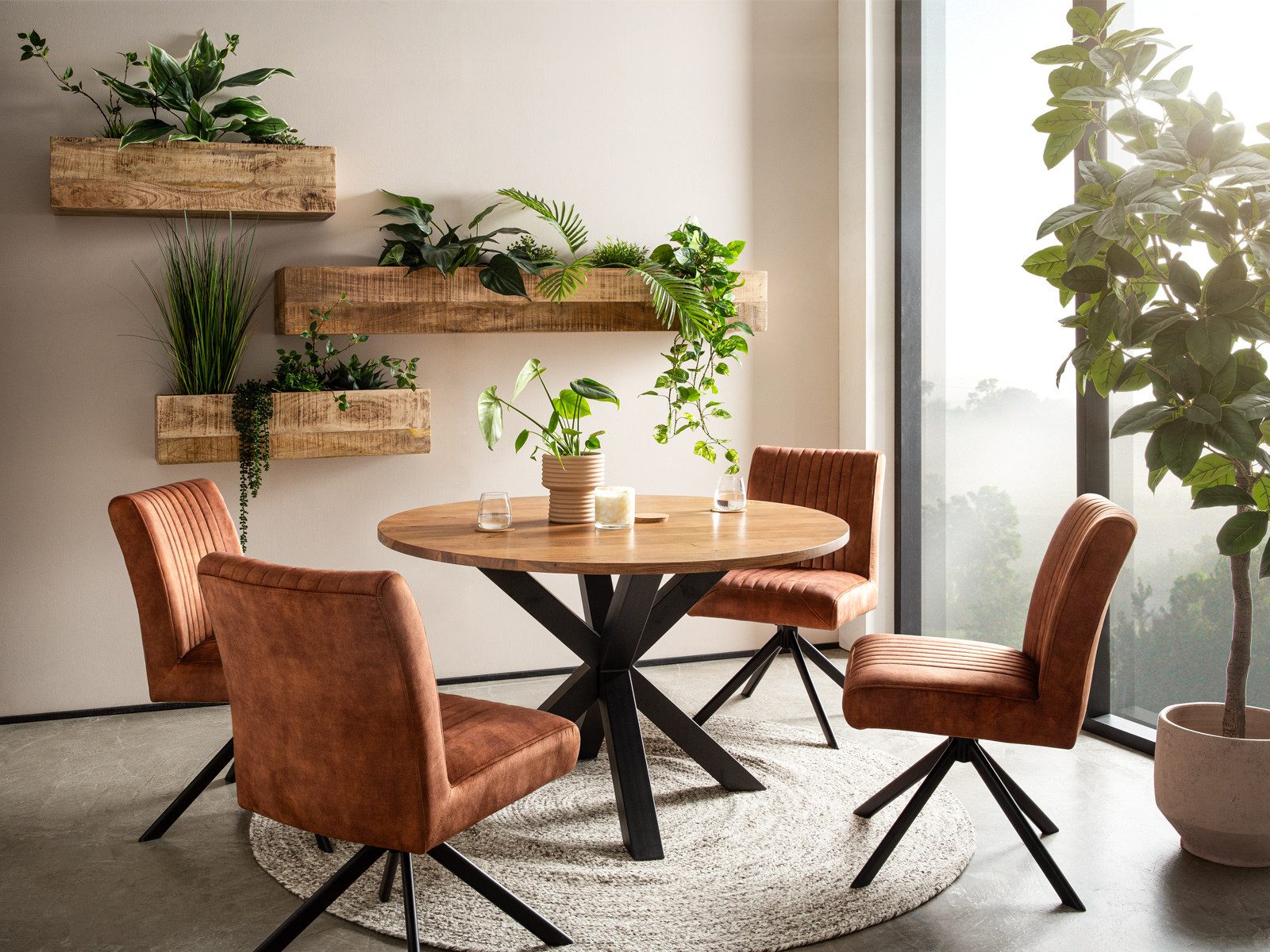 massivum Essgruppe Cruzar, runder Akazientisch mit 4 Drehstühlen, Tischgruppe