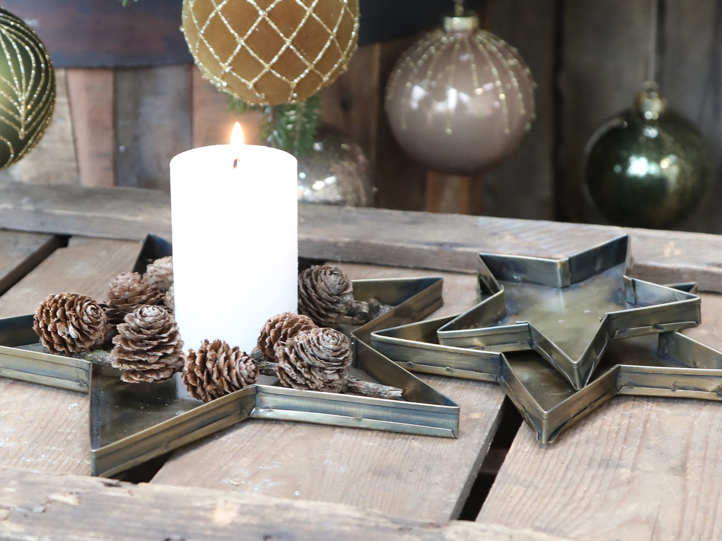 Chic Antique Adventsleuchter Dekotablett 3er Set Sternform Metall Antik Gold Landhausstil, 3-teiliges Set, Messing antik finish, 3 Größen