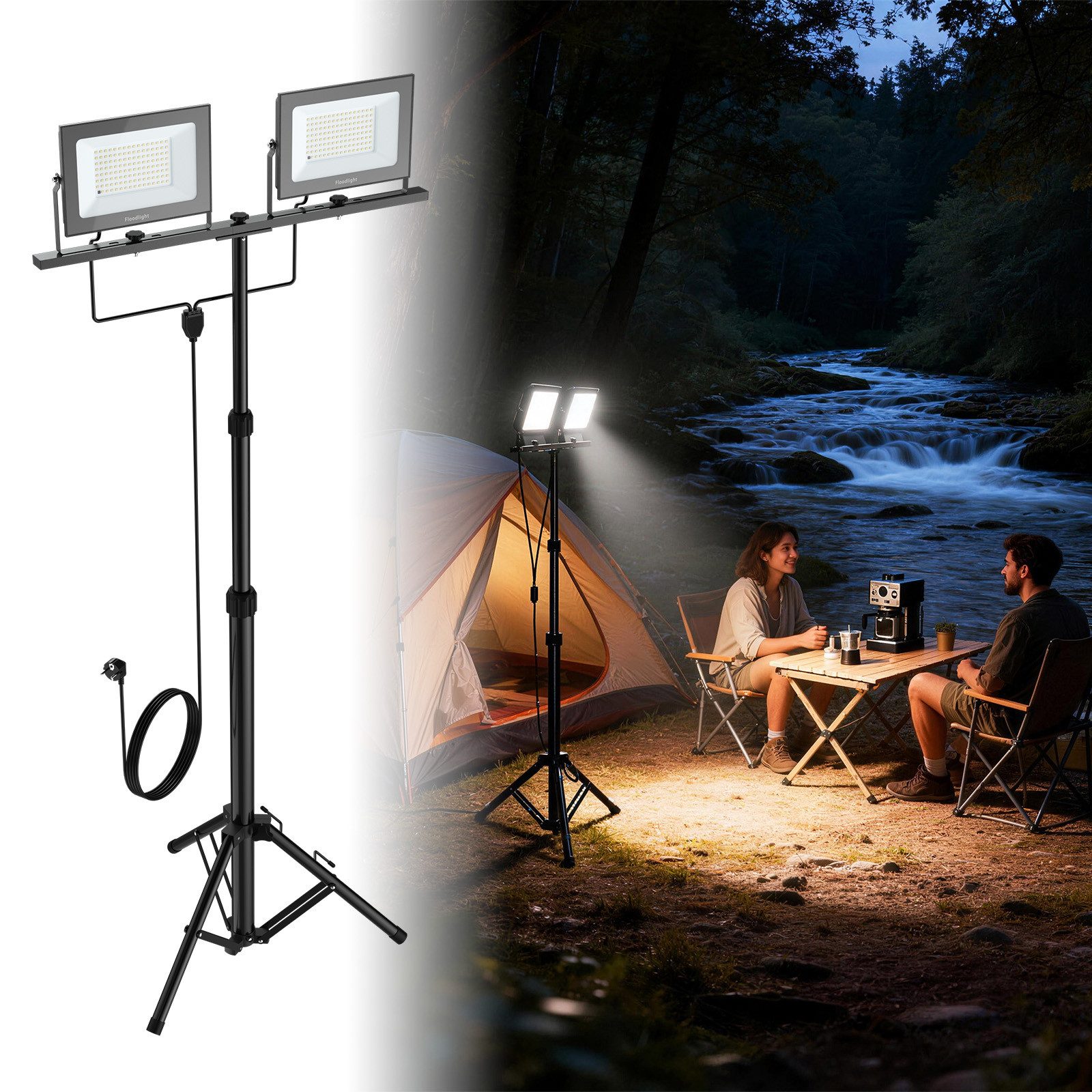 FIVMEN LED Baustrahler Doppel Arbeitsstrahler mit Einstellbar Stativ Arbeitsleuchte mit Kabel, 2*100W, Arbeitsscheinwerfer 360° Grad Drehung Strahler, Kaltweiß