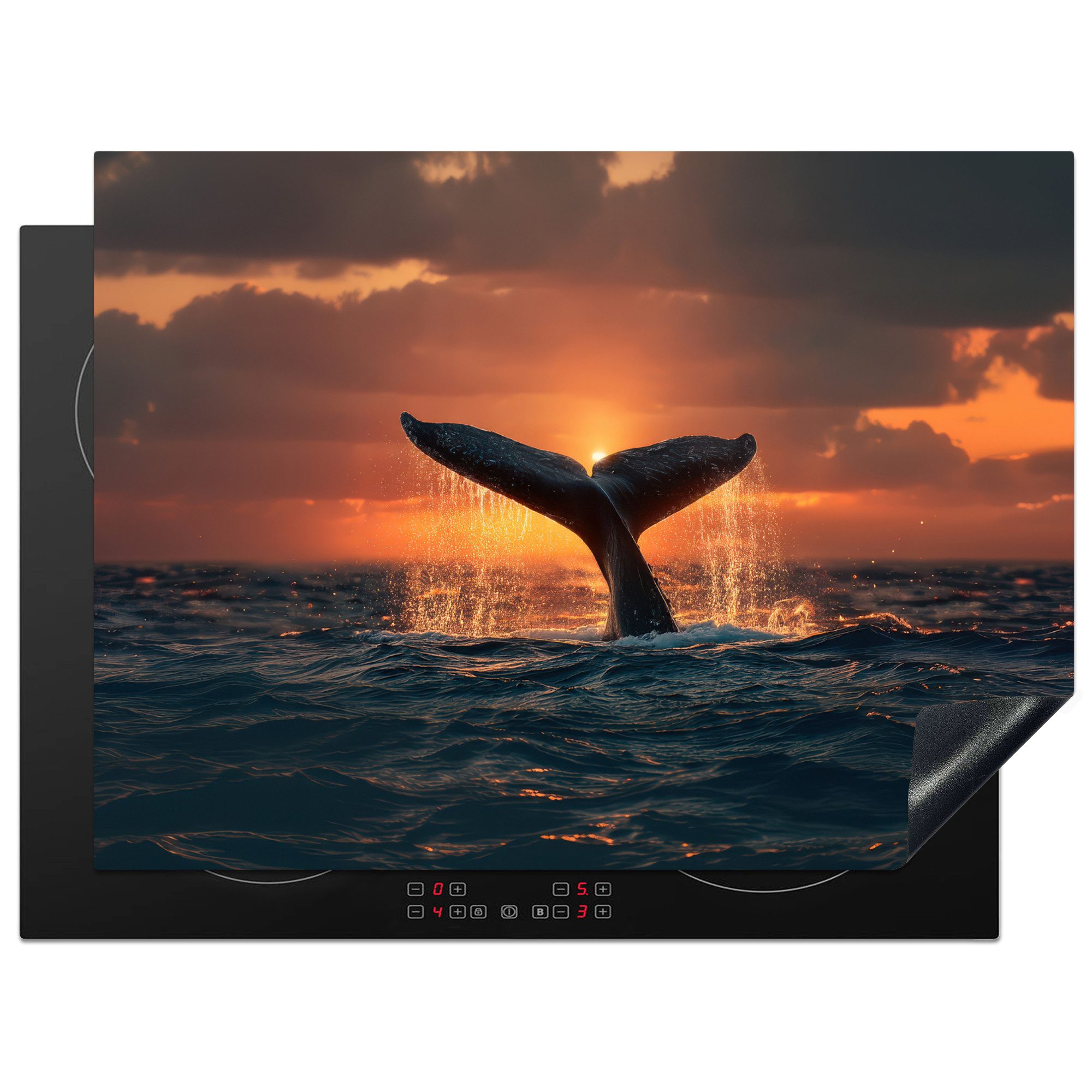 MuchoWow Herd-Abdeckplatte Schwanz eines Wals - Wasser - Sonnenuntergang, Vinyl, (1 tlg), Küche Herdabdeckung Ceranfeld Induktionsfeld Vinyl, 65x50 cm