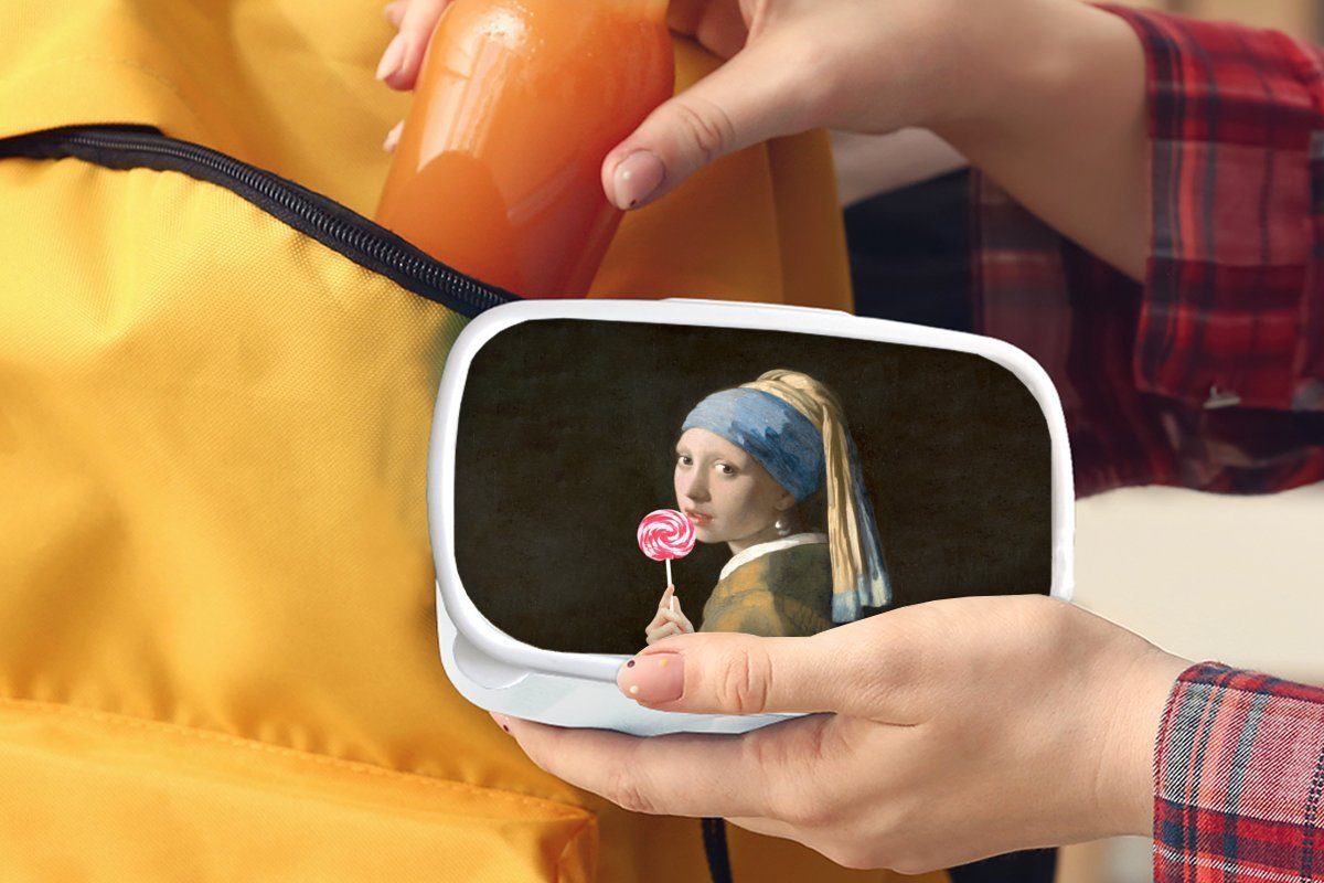 Johannes Jungs für - Brotbox Vermeer MuchoWow Lunchbox (2-tlg), Kunststoff, mit für Perlenohrring Kinder Mädchen weiß Brotdose, und und - Lollipop, Mädchen Erwachsene,