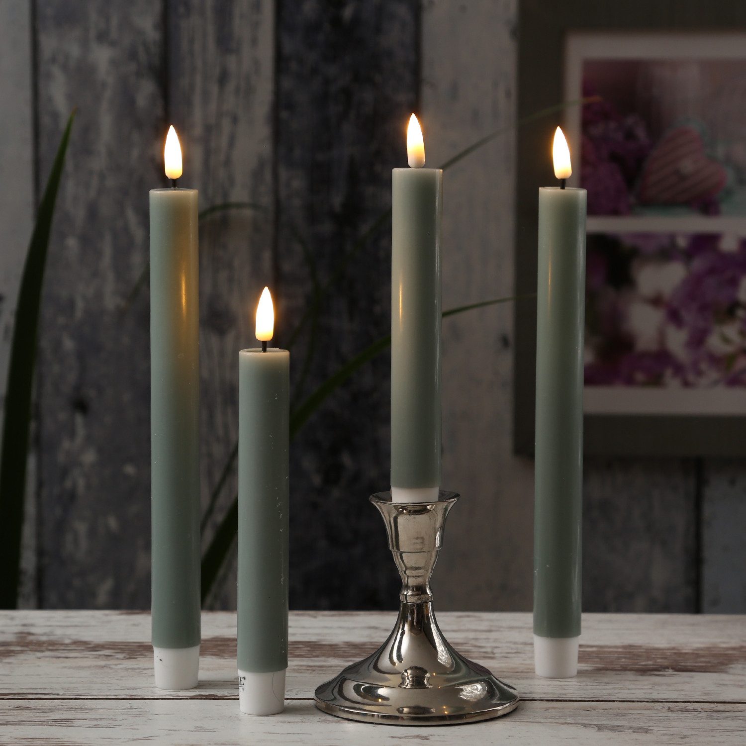 Deluxe Homeart LED-Kerze LED Stabkerzen Mia Diner Tafelkerzen Echtwachs H: 24cm salbeigrün 2St (2-tlg)