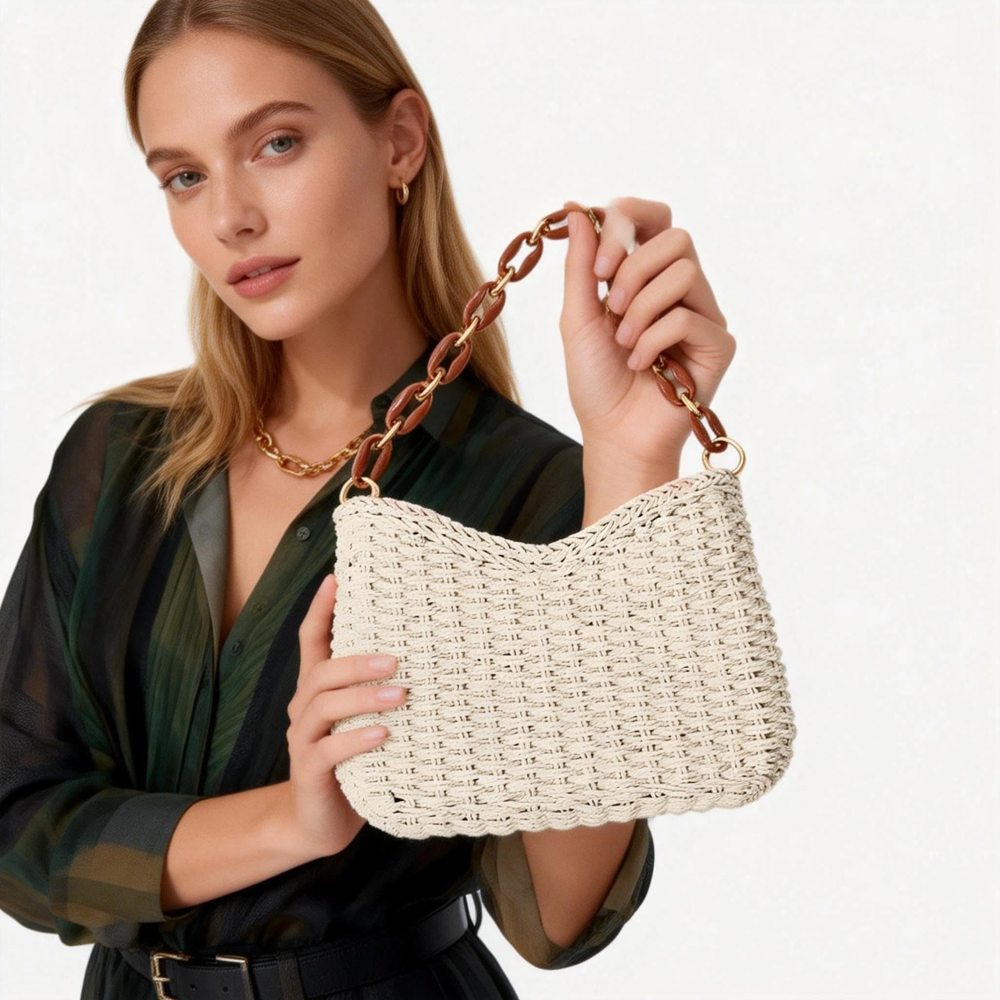 Zaewry Strandtasche Damen Umhängetasche aus Bast – Handgefertigt, Crossbody-Tasche, Basttasche, Urlaub, Outdoor, Casual