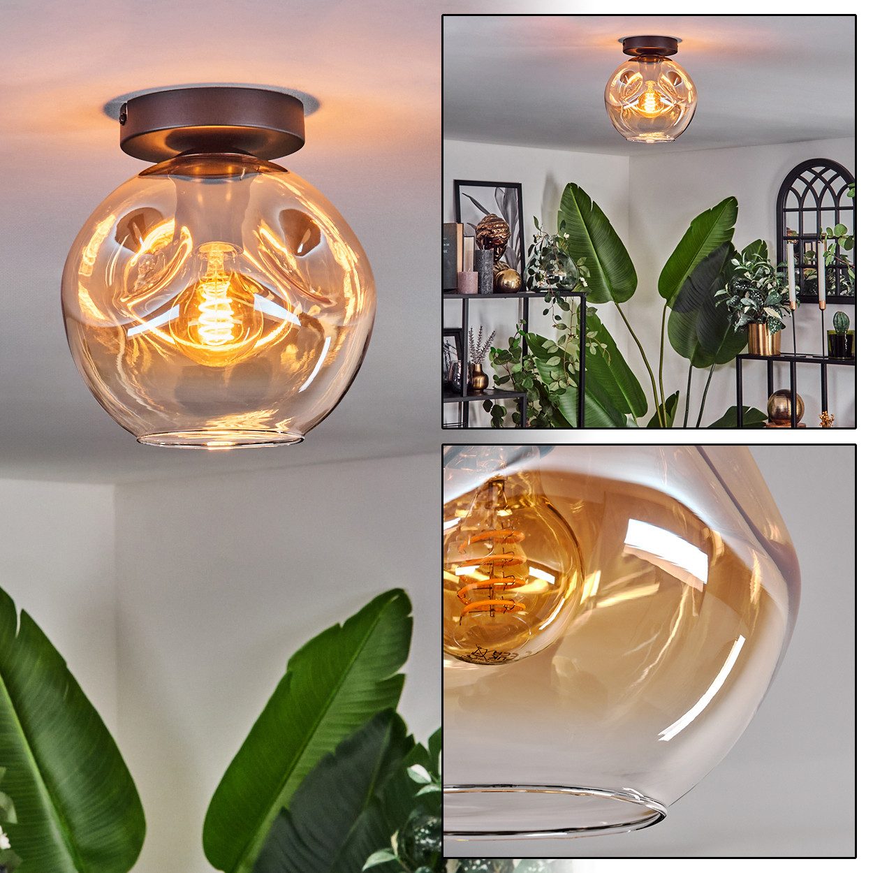 hofstein Deckenleuchte Deckenlampe aus Metall/Glas in Schwarz/Bernsteinfarben/Klar, ohne Leuchtmittel, moderne Leuchte mit Schirm aus Glas (20cm), 1xE27, ohne Leuchtmittel