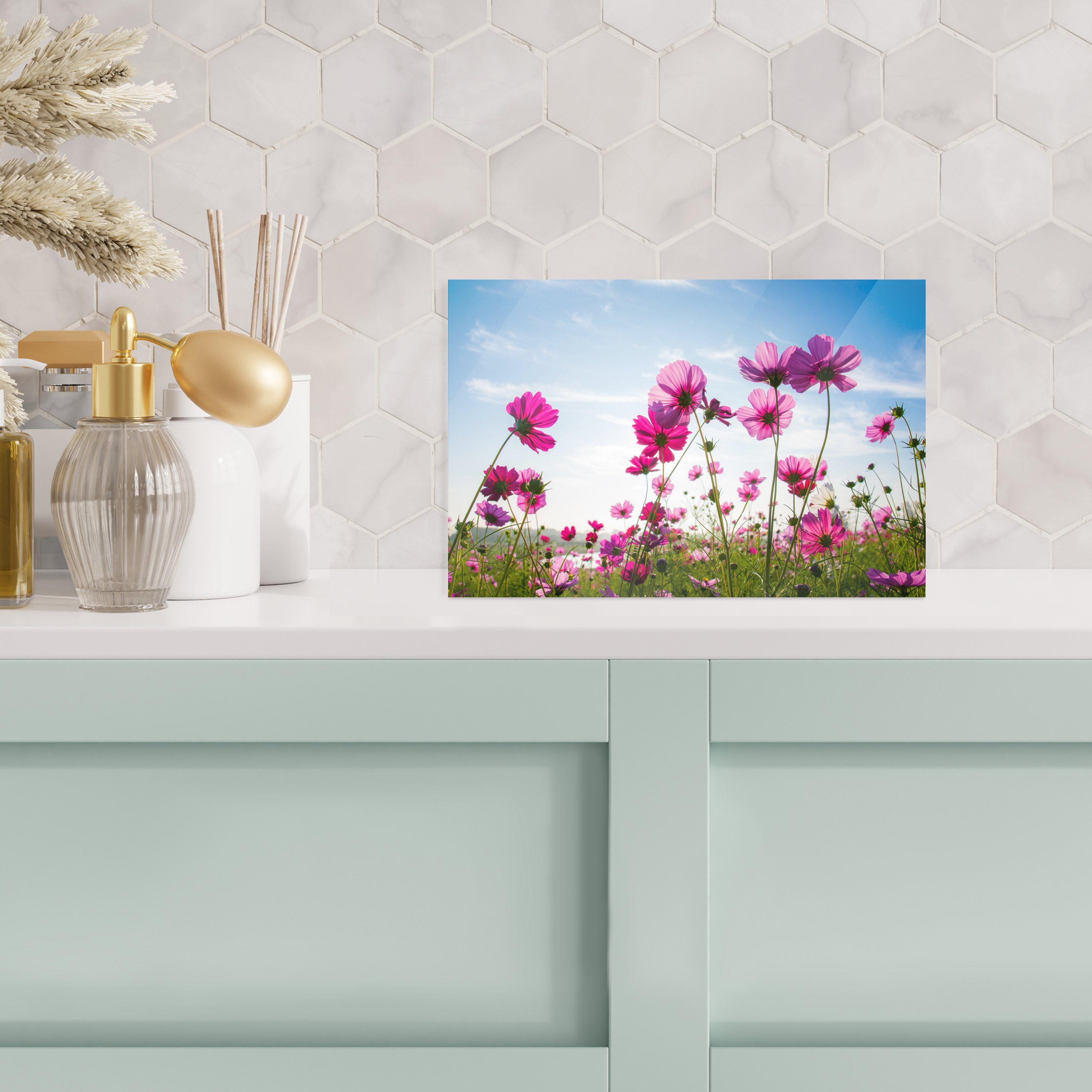 - Wandbild St), Glasbilder - Foto - - Blumen - MuchoWow (1 Cosmea, Acrylglasbild auf Bilder Glas auf Glas Wanddekoration Rosa