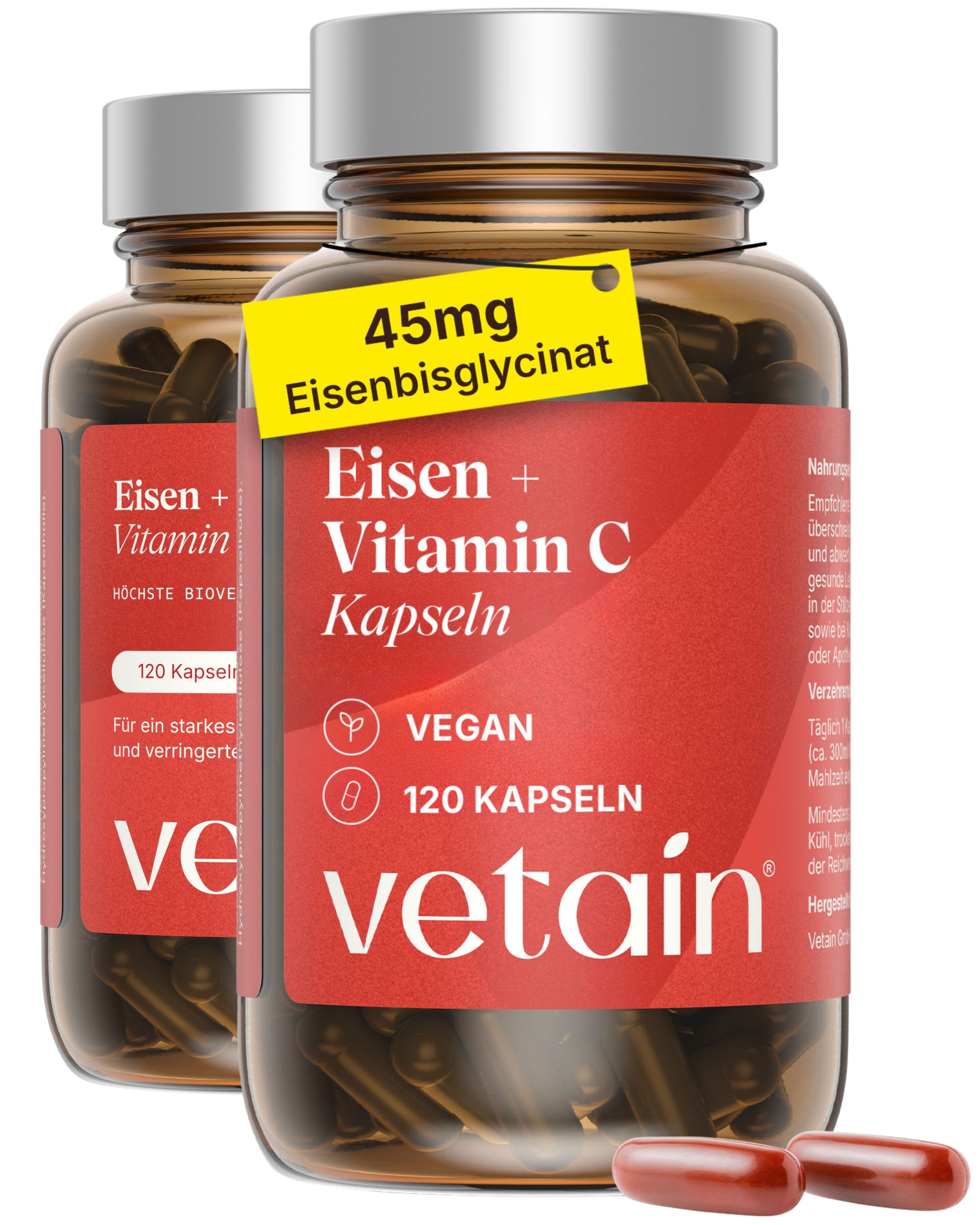 VETAIN Eisen 45mg + 250mg Vitamin C – hochdosiert, vegan - 120 Kapseln