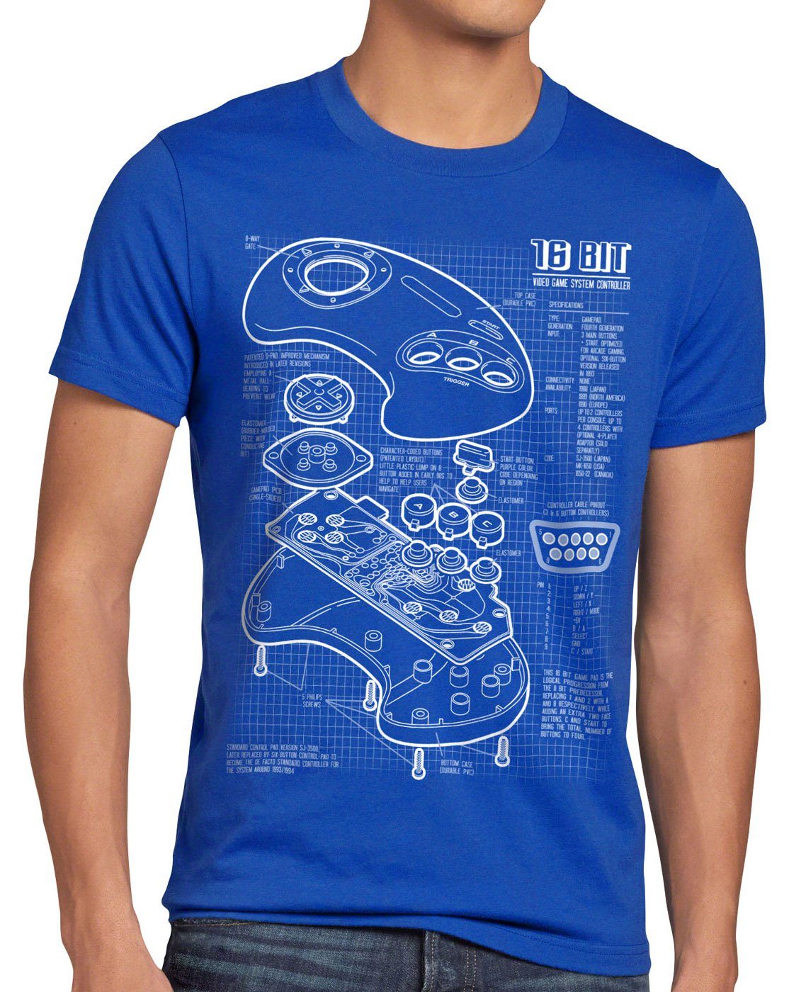master drive 16-Bit system blau Herren Mega style3 gamer classic genesis Print-Shirt md Konsole T-Shirt