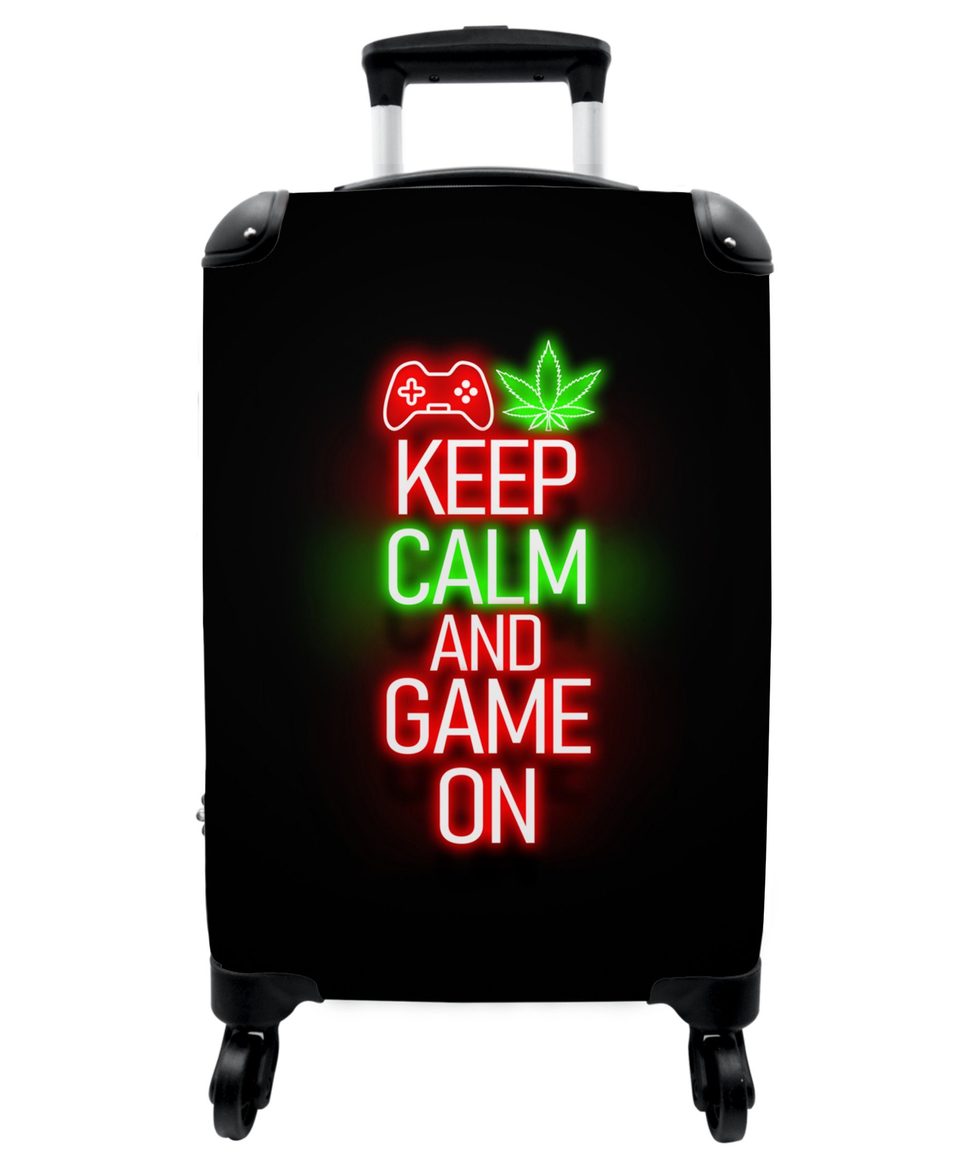 NoBoringSuitcases.com© Kinderkoffer 55x35x20cm Gaming - Neon - Ruhe bewahren und weiterspielen - Rot -, 4 Rollen, Reisetasche mit rollen, Handgepäck für Ferien, Kindertrolley, Koffer