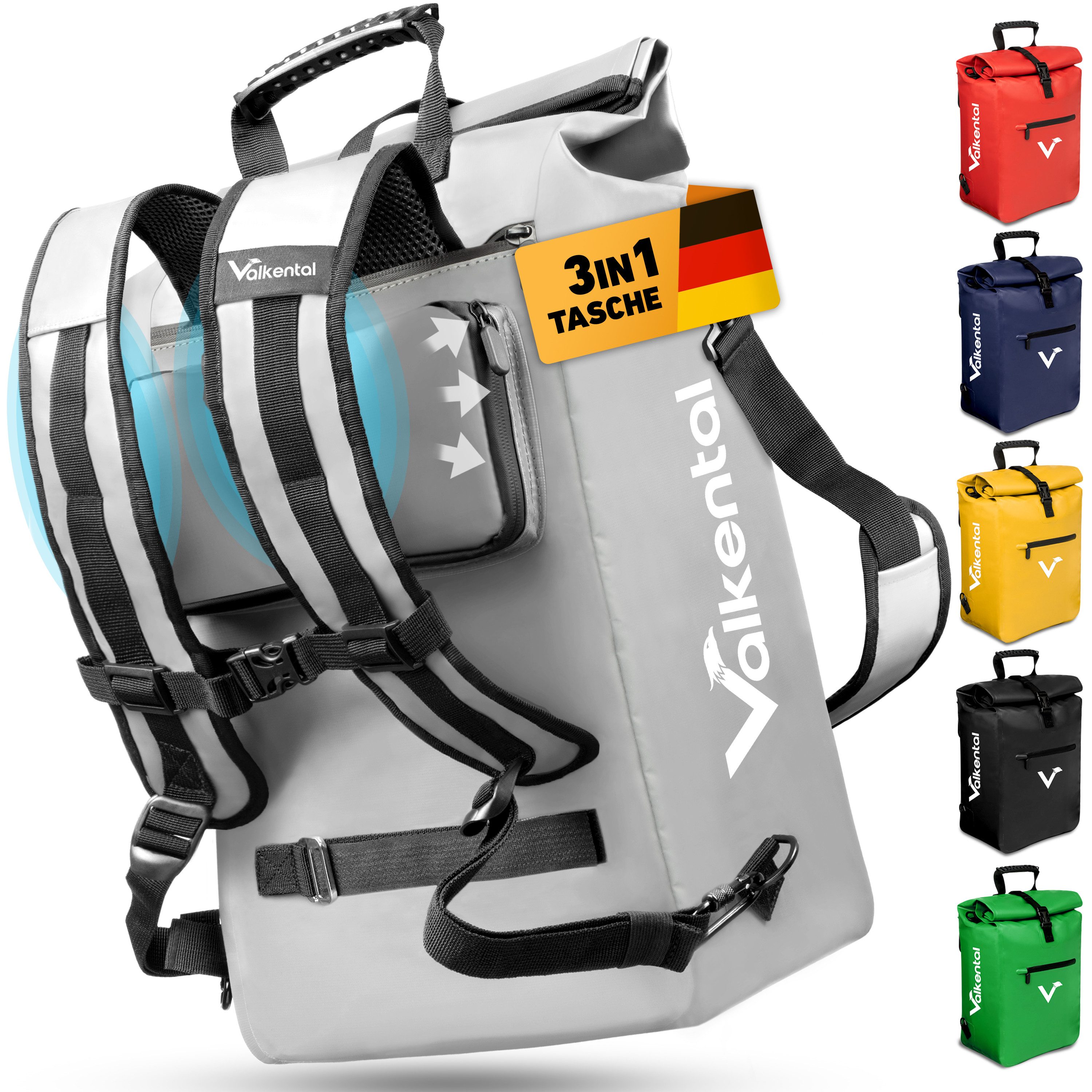 Valkental Fahrradtasche Gepäckträgertasche, Rucksack und Umhängetasche, 3in1 - wasserdicht & reflektierend 25 L