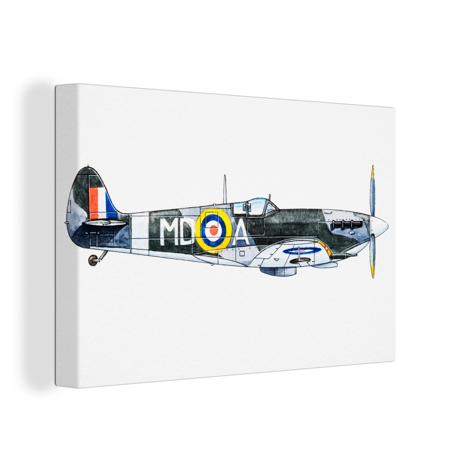 OneMillionCanvasses® Leinwandbild Eine Illustration eines Spitfire vor einem weißen Hintergrund, (1 St), Wandbild Leinwandbilder, Aufhängefertig, Wanddeko, 30x20 cm