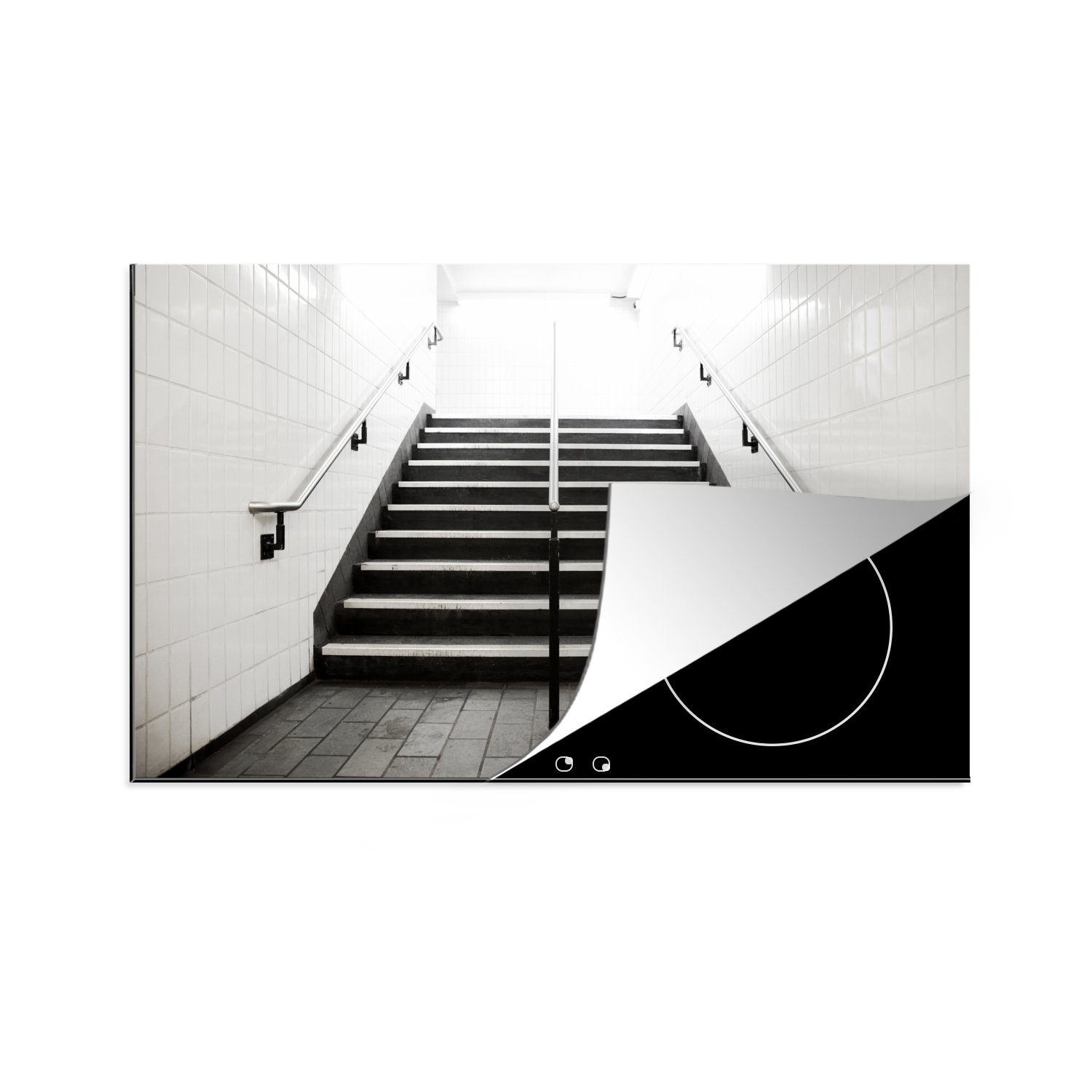 MuchoWow Herdblende-/Abdeckplatte Leeres Treppenhaus mit weißem Hintergrund, Vinyl, (1 tlg), 81x52 cm, Induktionskochfeld Schutz für die küche, Ceranfeldabdeckung