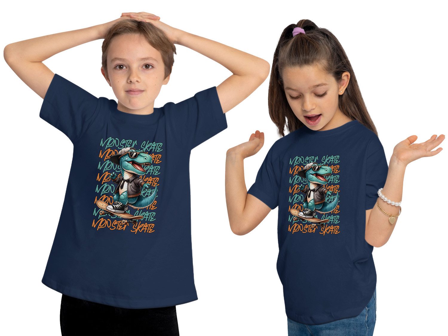 MyDesign24 T-Shirt Kinder Print Shirt cooler Skatender T-Rex Bedrucktes Jungen und Mädchen Skater T-Shirt i536