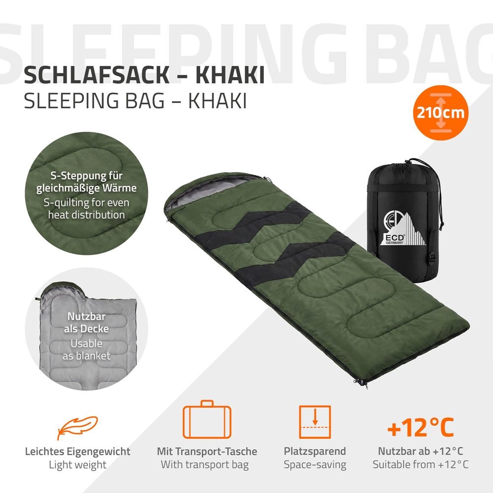 ECD Germany Deckenschlafsack Schlafsack Outdoor für Camping 210 cm Hüttenschlafsack 3 Jahreszeiten, Mumienschlafsack Khaki wasserabweisend kleines Packmaß leicht und warm