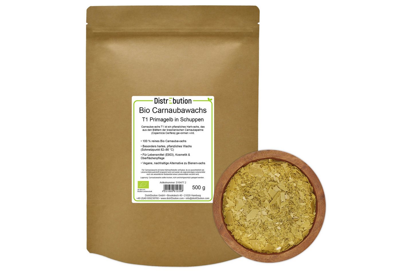 DistrEbution Bio Carnaubawachs T1 – 500g Veganes Premium-Wachs aus Brasilien E903 Politur (1 St)